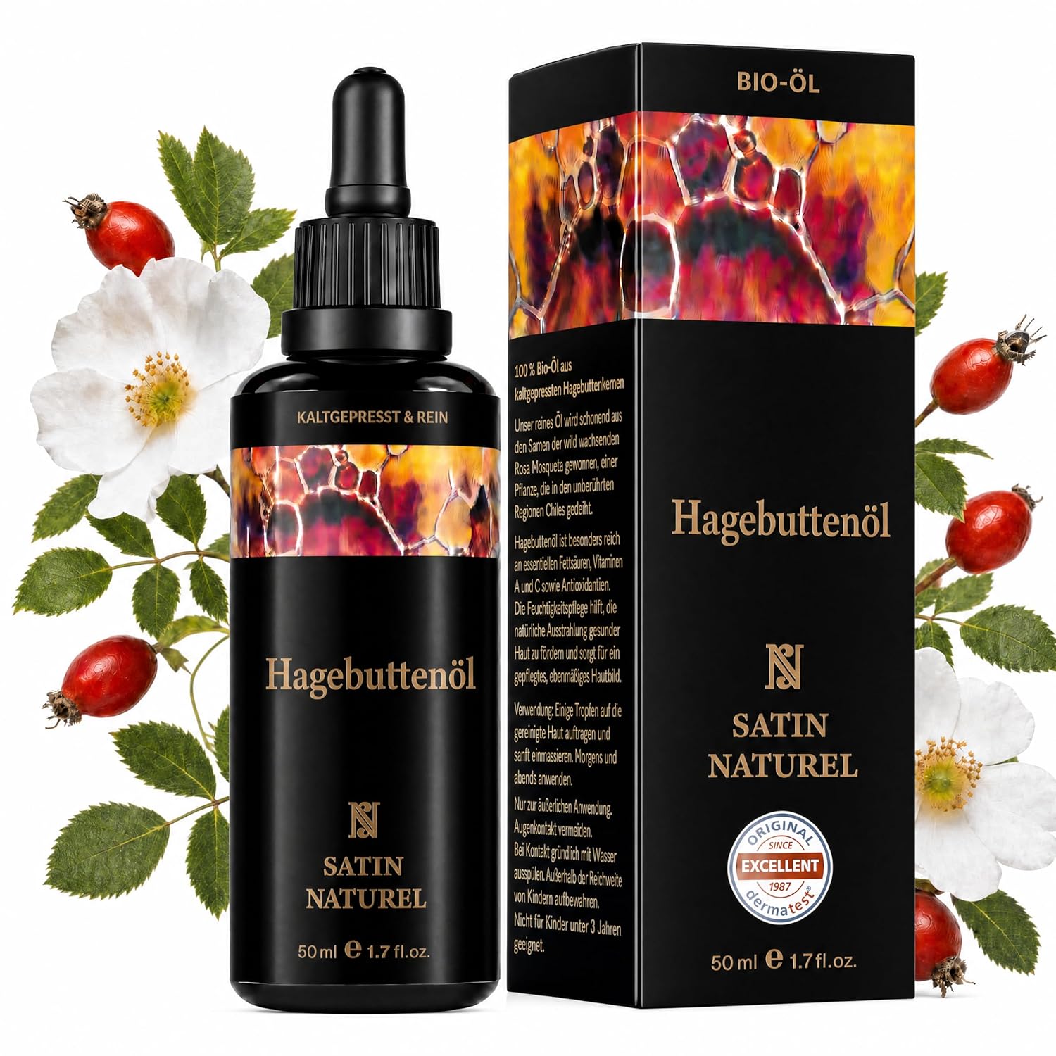 Detalle de Satin Naturel BIO Rosenöl (Wildrosenöl) 50 ml – kaltgepresstes Hagebuttenkernöl für Gesicht, Körper, Haare
