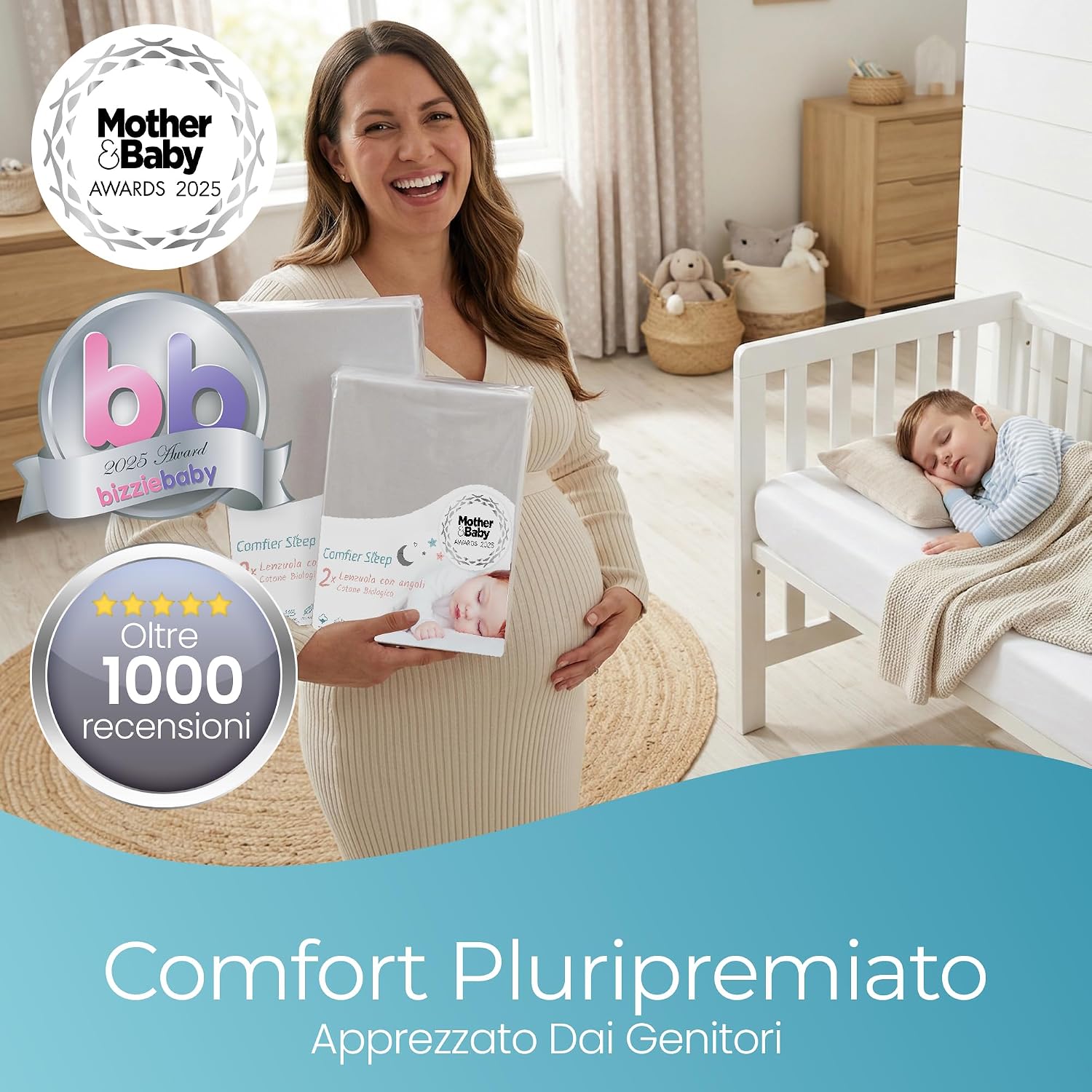 Thumbnail 3 de Lenzuola culla 95x65 – Set da 2 pezzi in cotone biologico, elasticizzate per navicella/neonato