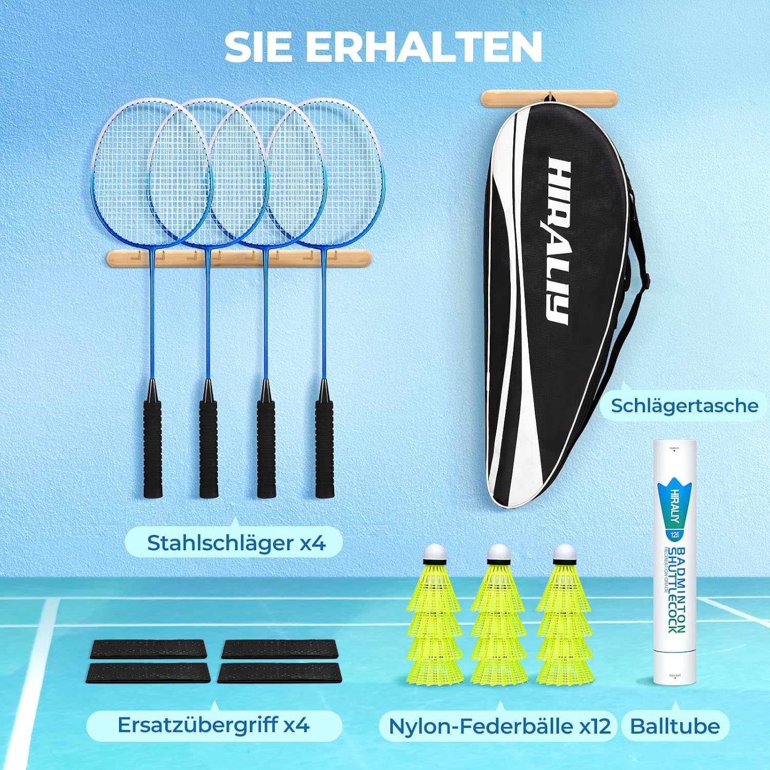 Thumbnail 6 de HIRALIY Badminton-Schläger-Set (4er, für Kinder & Erwachsene) inkl. 12 Nylon-Volanten, Ersatz-Griffbändern und Tasche