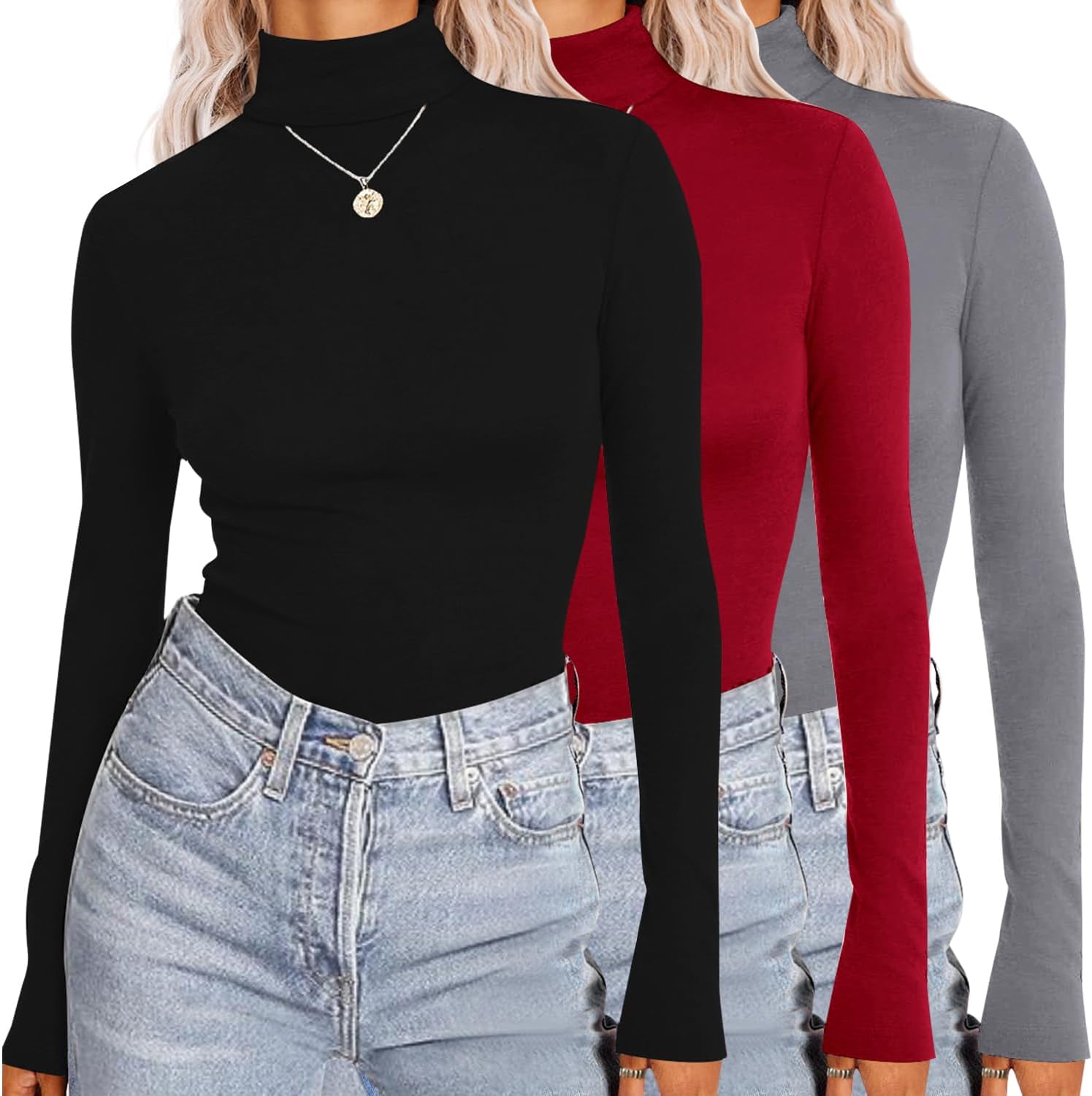 Thumbnail 5 de Ekouaer Women's Turtleneck Long Sleeve Slim Fit Tops – 3 Pack (S–XXL)