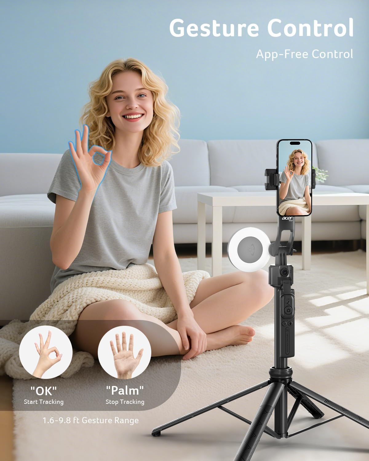 Thumbnail 2 de Acer Gadget Auto Face Tracking Tripod Selfie Stick (64.4 in) with Light & Remote for iPhone, Cell Phones, Android, and Cameras