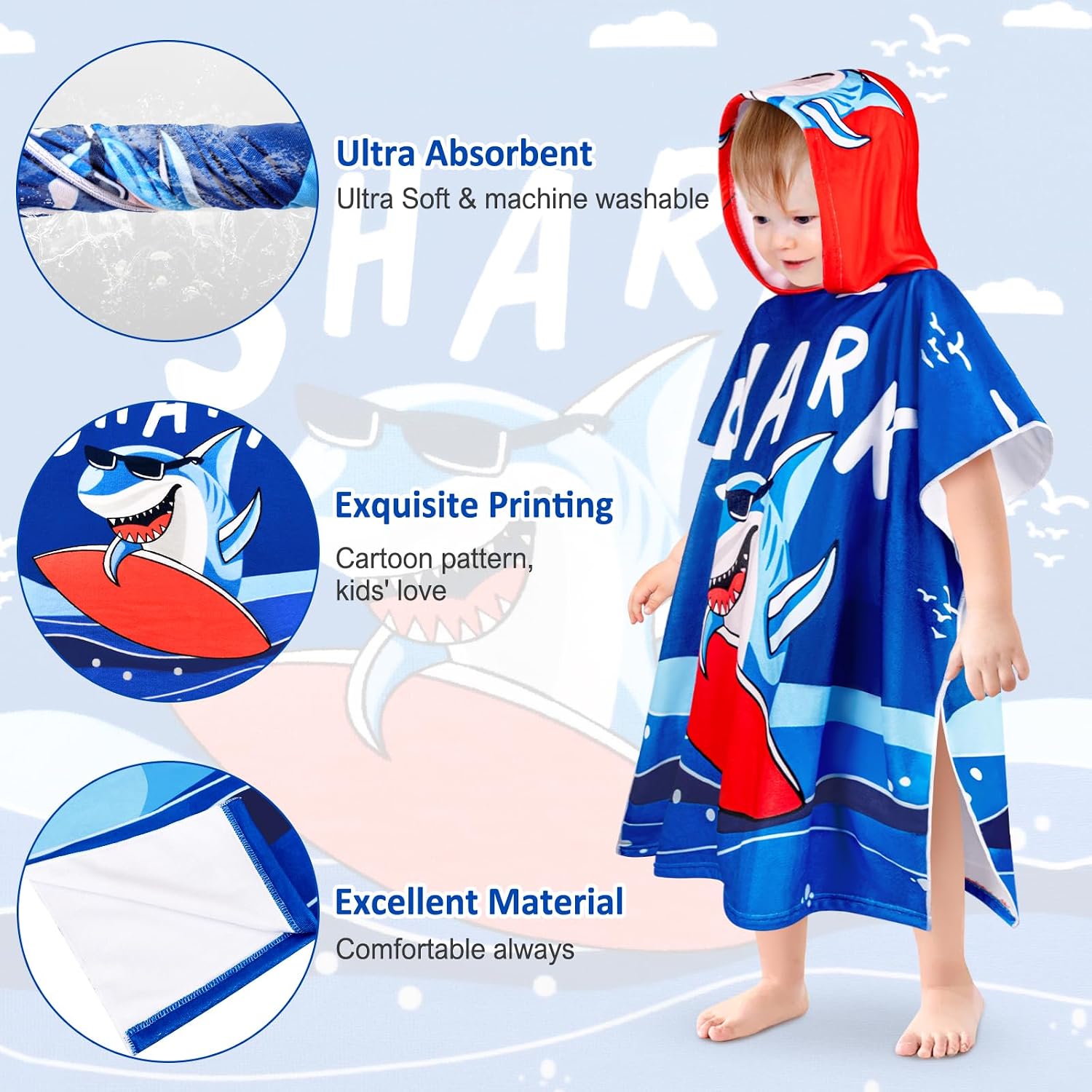 Thumbnail 4 de BTNEEU Poncho de Bain Enfant – Serviette de Plage à Capuche Ultra Absorbante (2–6 ans, 29,5 x 59 pol.)