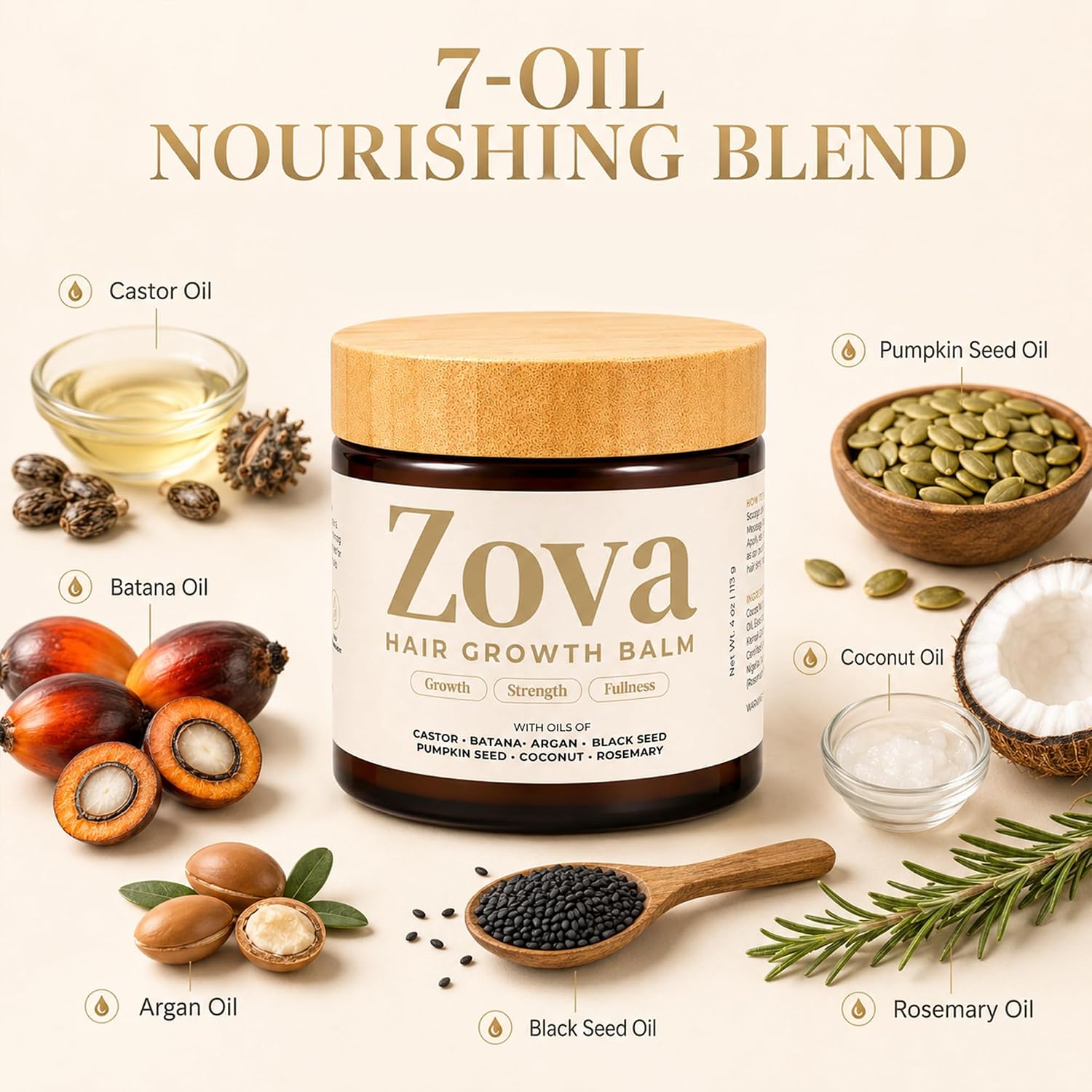 Detalle de Zova Hair Growth Balm – Batana, Castor, Argan & Rosemary Oil Blend for Thicker, Stronger Hair