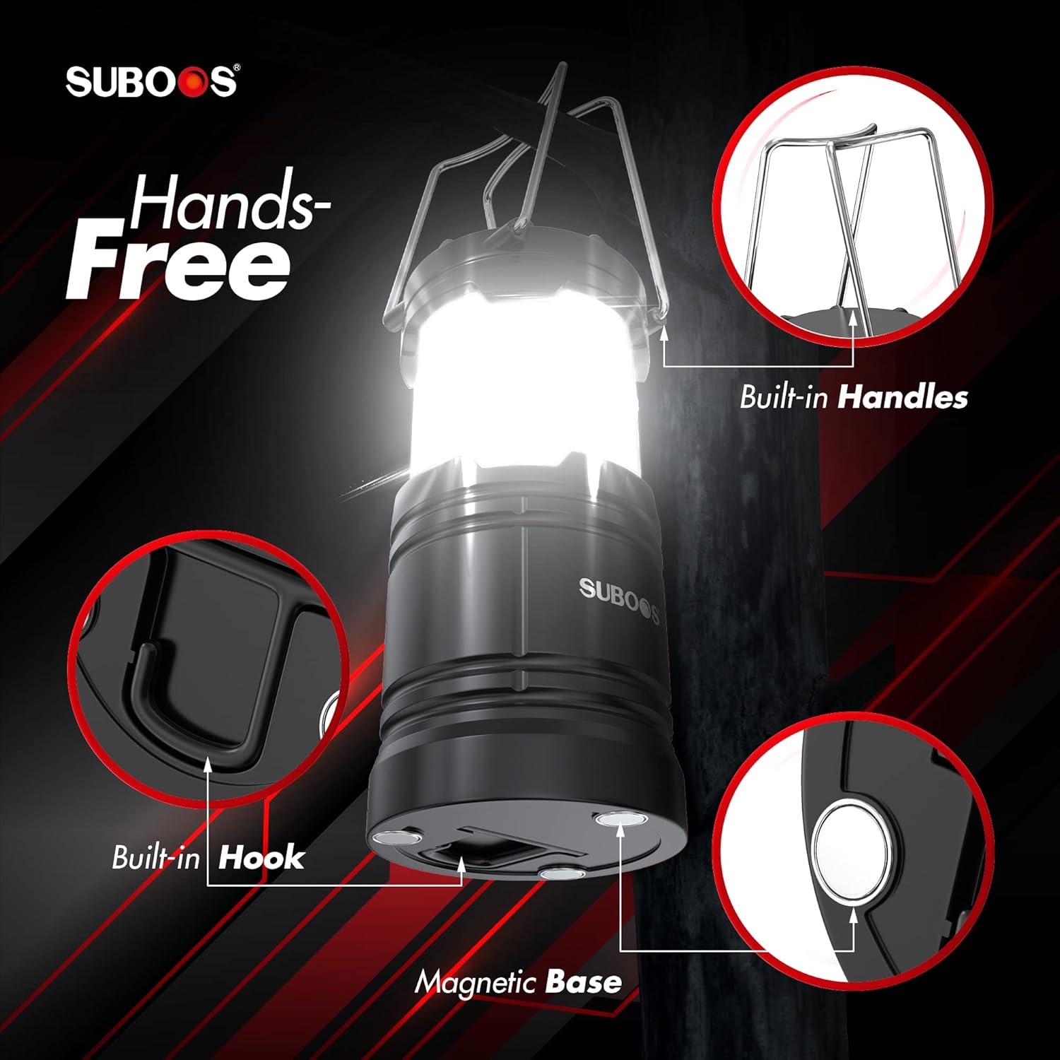 Detalle de SUBOOS Rechargeable Camping Lanterns: Solar & Battery Powered Light with Magnetic Base