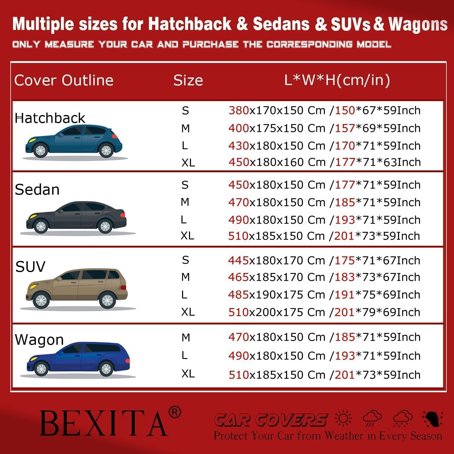 Thumbnail 1 de BEXITA Waterproof All Weather Car Cover for Hatchback (Size M, up to 157in/400cm)