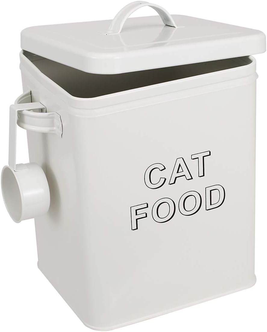 Farmhouse cat food storage tin with lid & scoop (5 lb capacity) – vintage-style steel canister for dry food