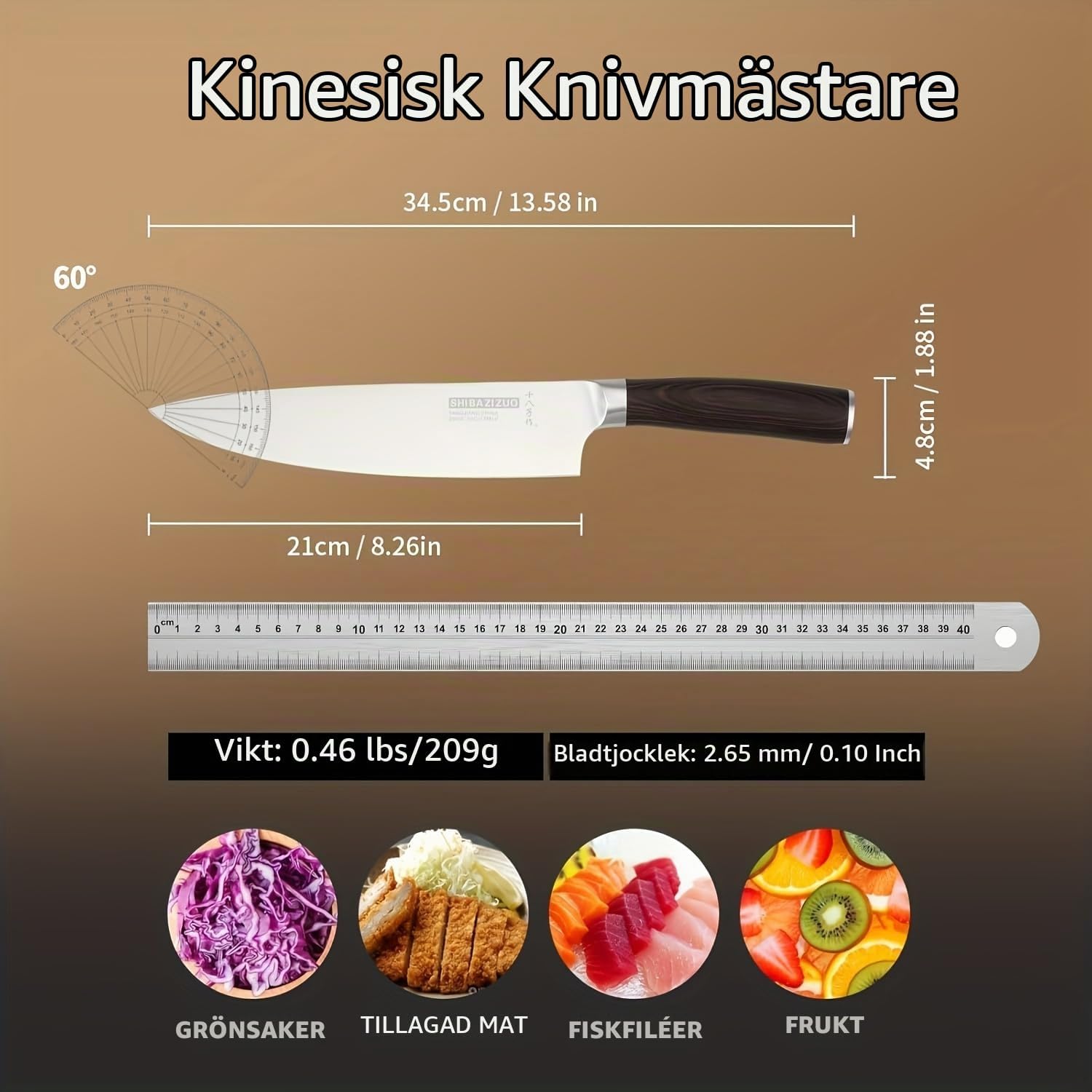 Detalle de SHI BA ZI ZUO YQSL506 kockkniv med 17,8 cm blad i högkolhaltigt rostfritt stål