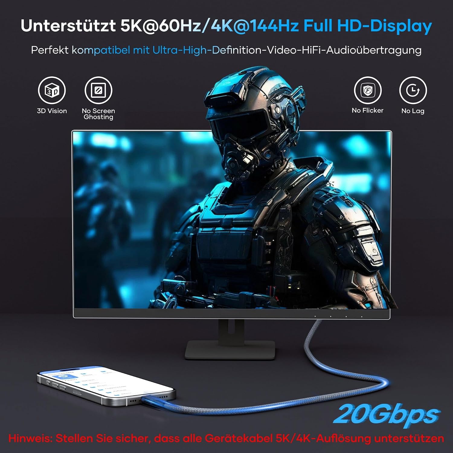 Detalle de USB-C auf USB-C Kabel 1,5 m – 240 W PD 3.1, 20 Gbit/s, 5K/4K Videoübertragung