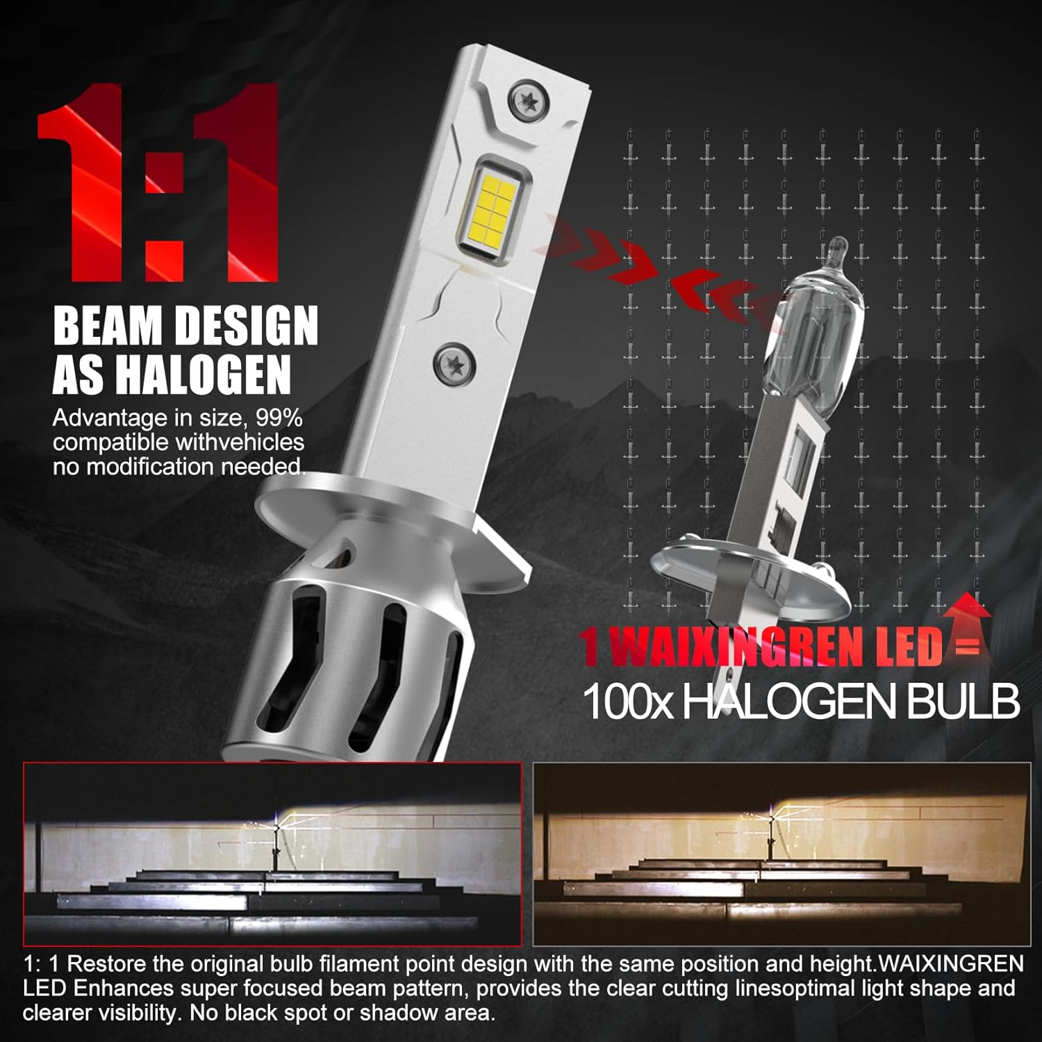 Thumbnail 3 de WAIXINGREN H1 LED Headlight Bulb (60W, 26000LM, 6500K) – Pack of 2 for Halogen Replacement