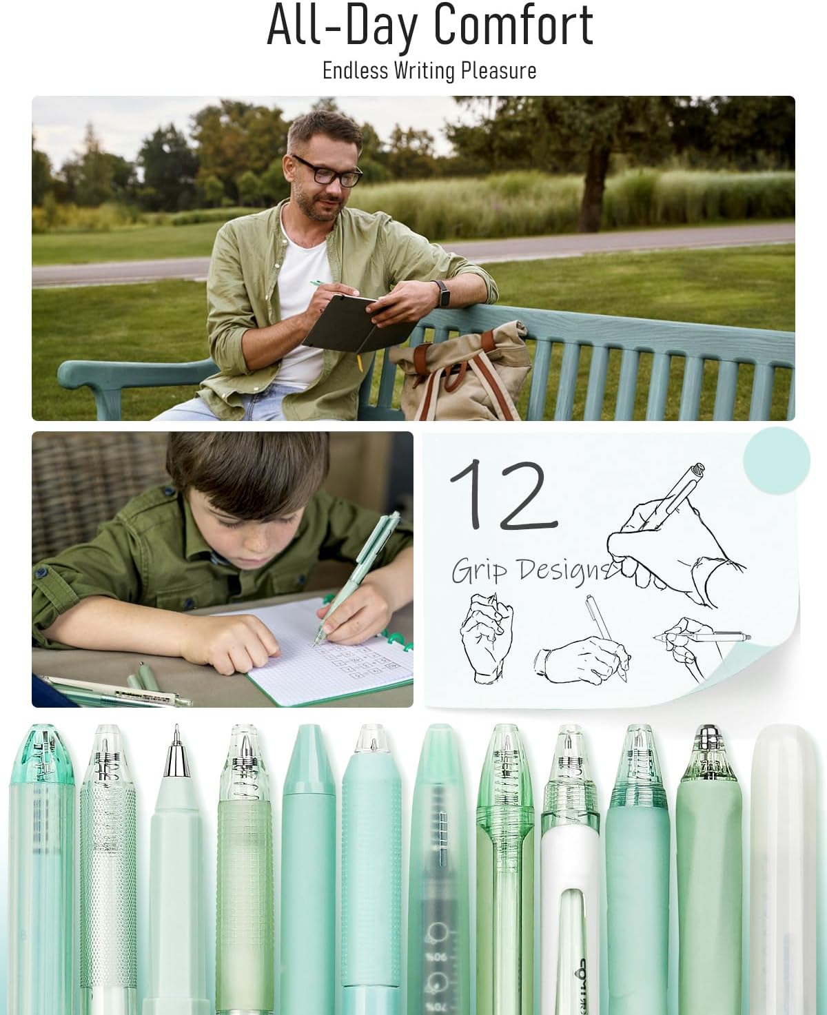 Detalle 2 de Four Candies Gel Pen Set (Forest Series) – 0.5mm fine tip retractable pens with black & green ink and highlighter, pack of 12