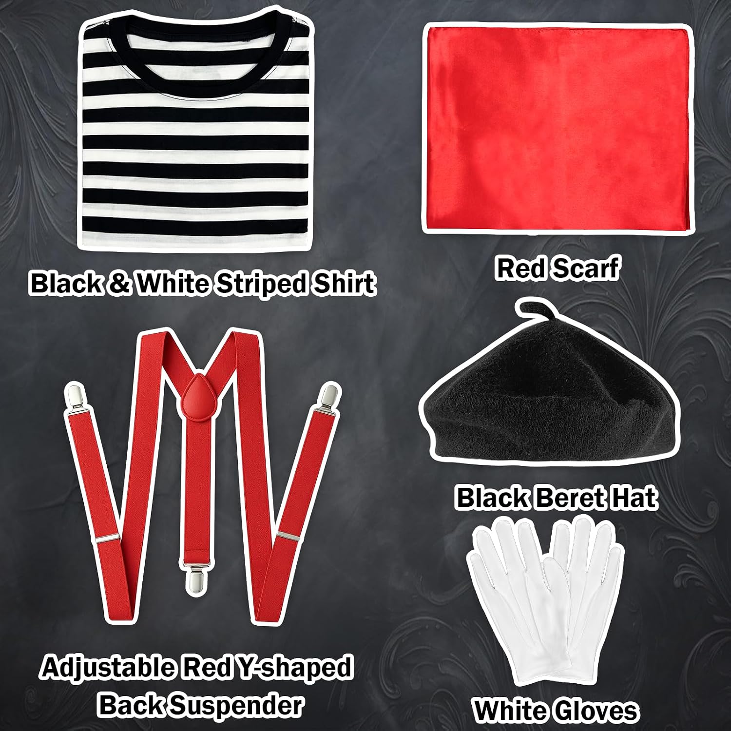 Detalle 2 de Men's 5-Piece French Mime Costume with Striped Shirt and Accessories
