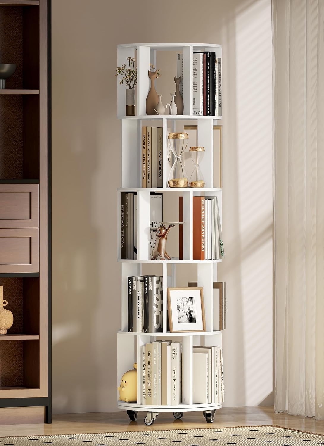 Thumbnail 6 de yeshine Rotating 5-Tier Corner Bookshelf (360° Revolving, White) for Small Spaces
