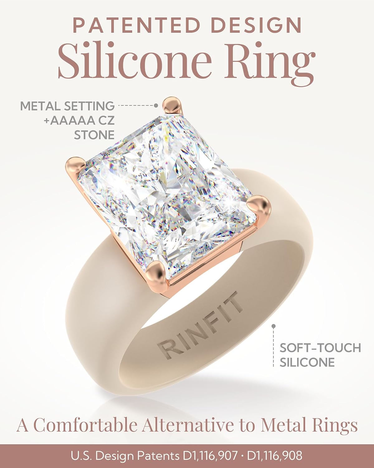 Detalle 2 de Rinfit Emerald Cut CZ Silicone Ring, 10×8 mm Stone and 6 mm Band