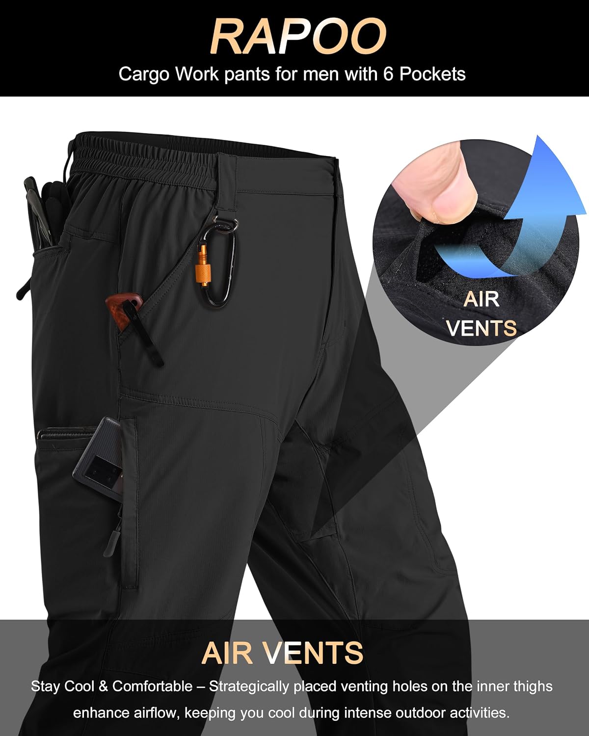 Detalle de Rapoo Men's Hiking Pants: Lightweight, Water-Resistant Nylon Cargo Pants with 6 Pockets