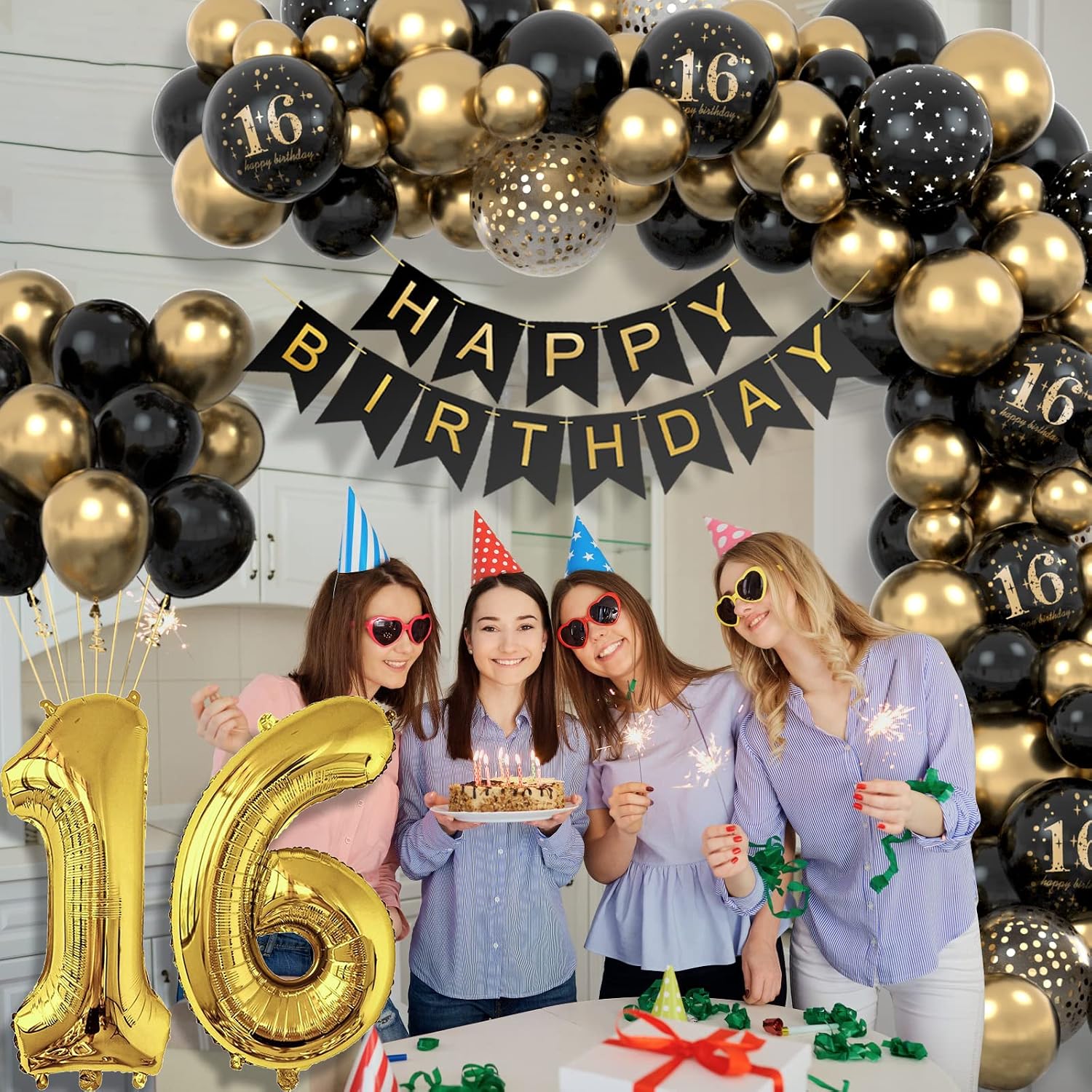 Thumbnail 6 de 16 Geburtstag Deko-Set Schwarz-Gold für Jungen und Mädchen – Ballonbogen, Girlande & Konfetti-Ballon