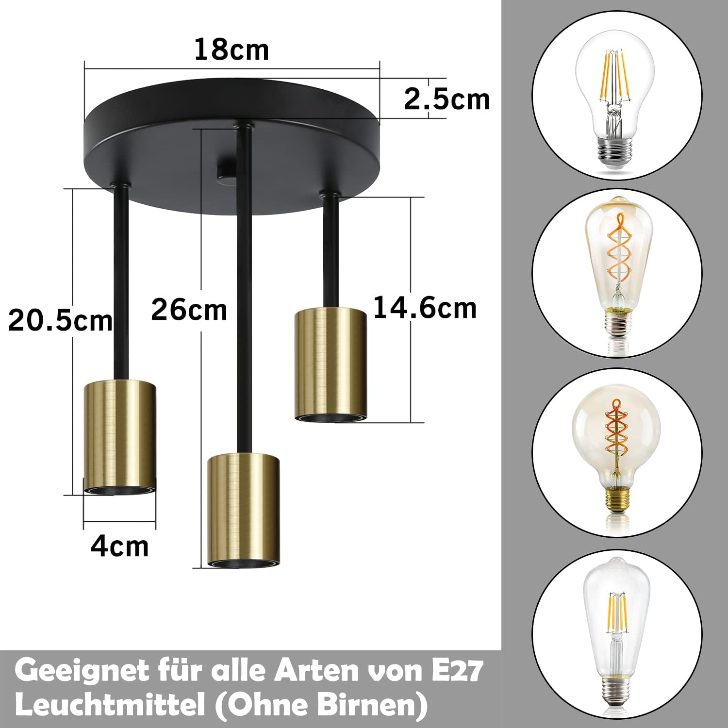 Detalle de CBJKTX Vintage Deckenleuchte mit 3 Spots und E27-Fassungen, Schwarz-Gold, Retro-Industrial Look