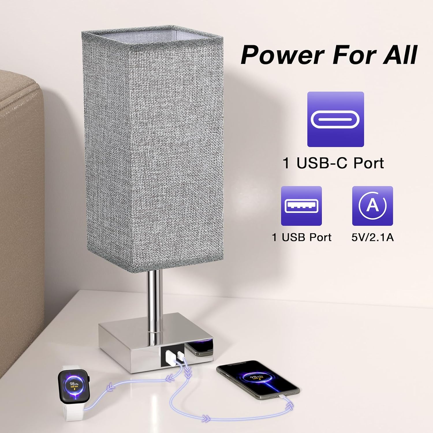 Detalle de Aooshine Bedside Lamps: 3‑Way Dimmable Touch Lamp with USB A+C Ports (Grey Fabric Shade)