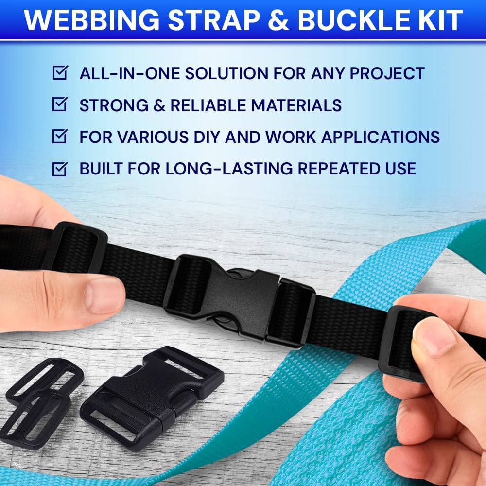 Detalle 2 de TECEUM Buckles & Strap Kit – 1" Black Nylon Webbing (6 yd) with 6 Buckles, 12 Tri-Glide Sliders, and 6 D-Rings