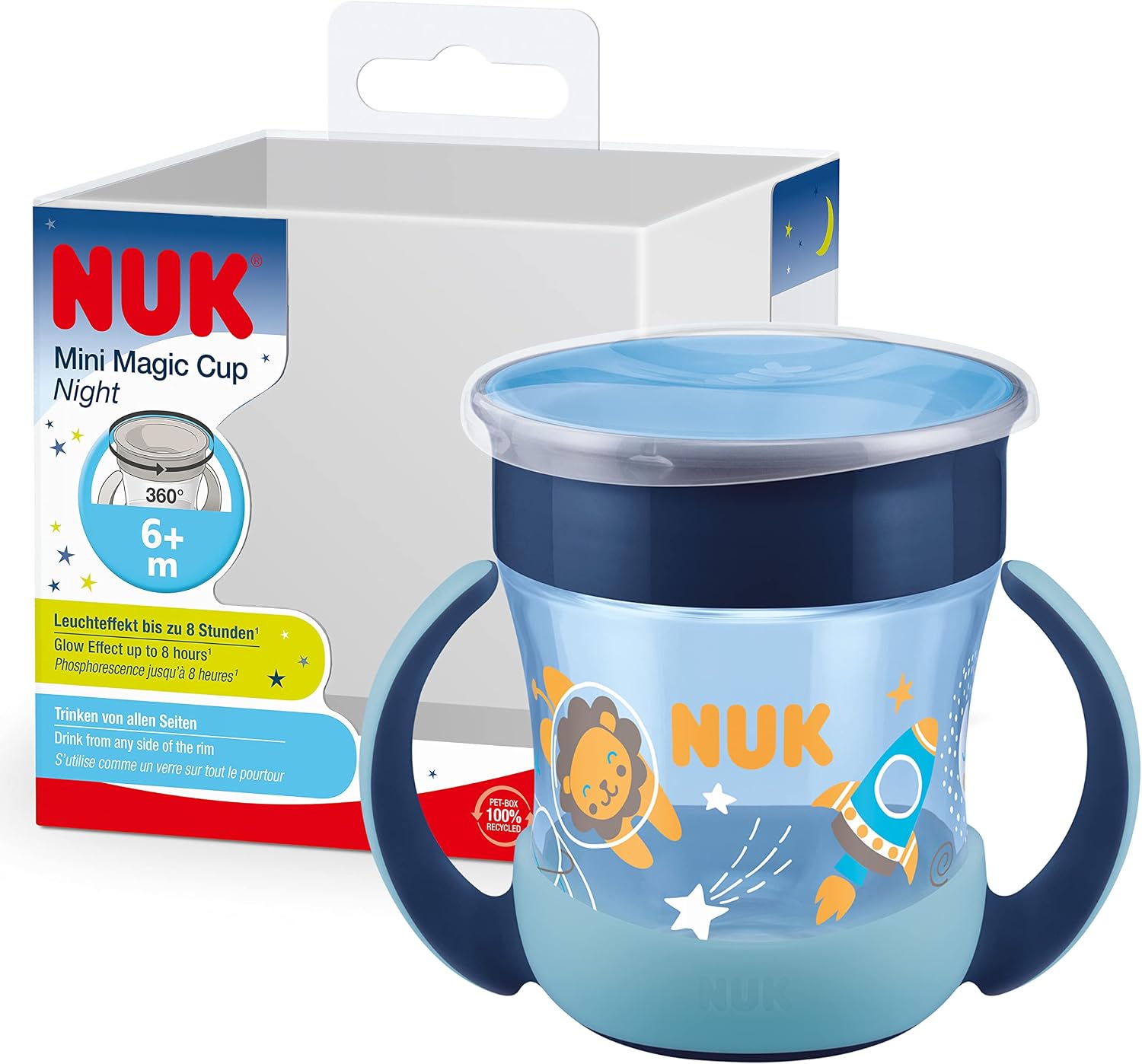 Detalle de NUK Mini Magic Cup Night: taza para sorber 360° con brillo y tapa limpia (160 ml, +6 meses, azul)