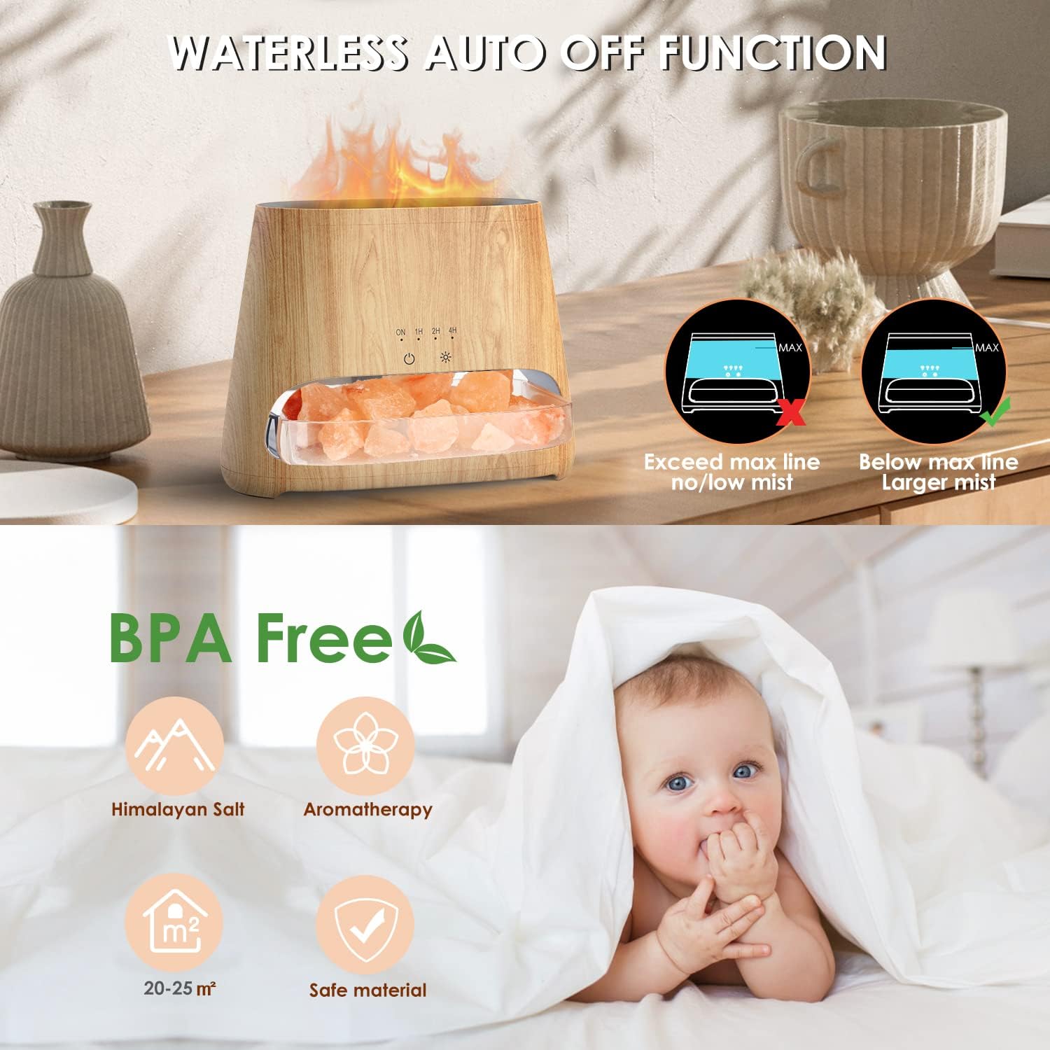 Detalle de SALKING 2-in-1 Aroma Diffuser & Salt Range Pakistan Lampe mit Flammeneffekt, 150 ml (Holz)