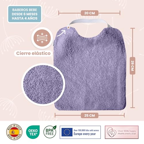 Detalle de MIMUSELINA Baberos Bebe Impermeables Reutilizables – Pack de 5, Lavanda, 29x25 cm