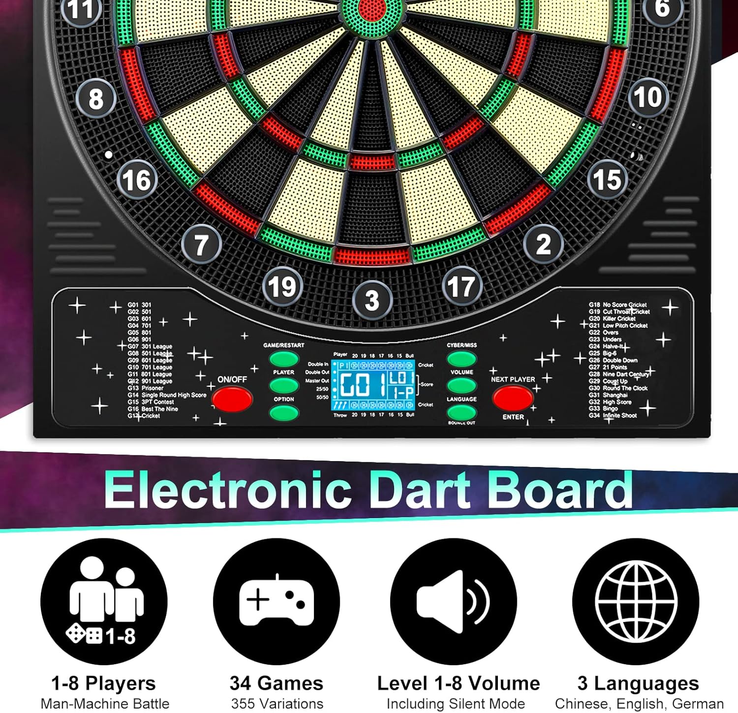 Thumbnail 1 de Mejasg elektronische Dartscheibe mit deutscher Ansage & LCD-Display, 34 Spiele/355 Variationen für 1–8 Spieler