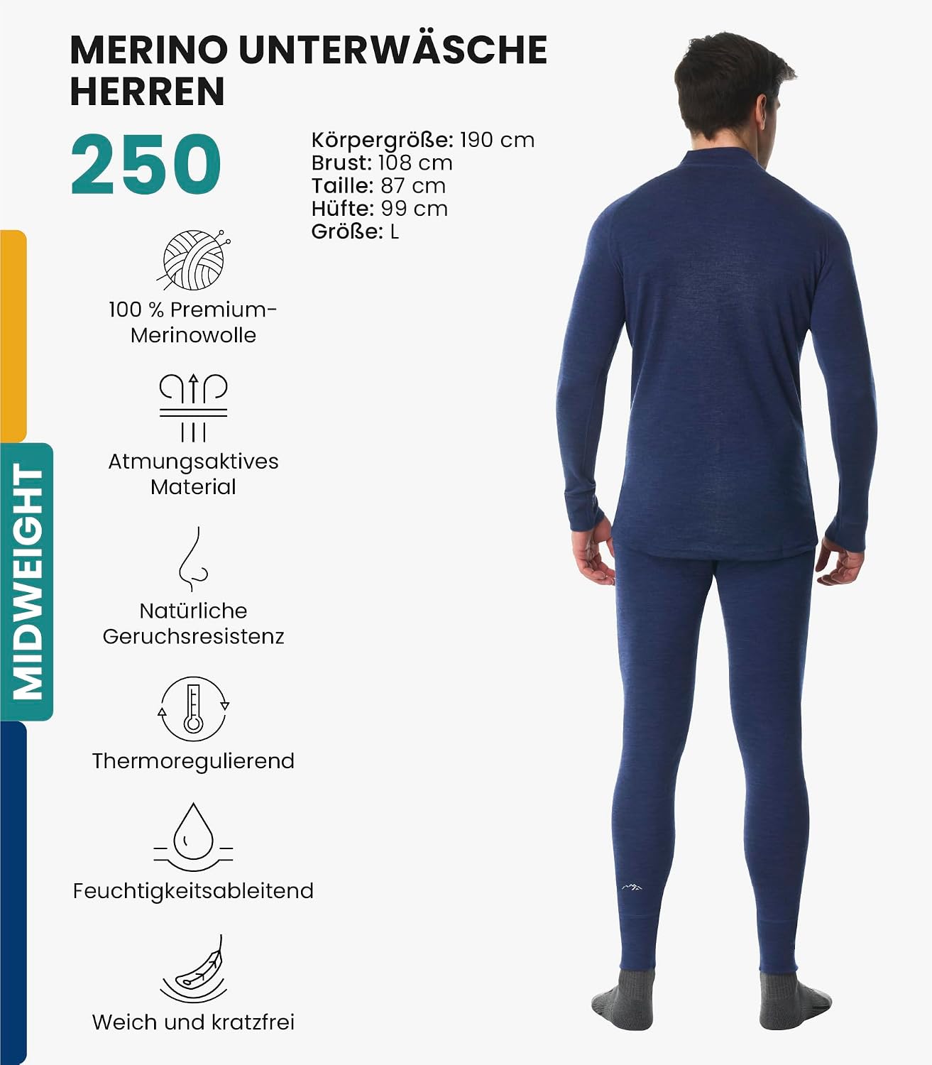 Detalle 2 de Merino.tech 100% Merino Unterwäsche Set Herren
