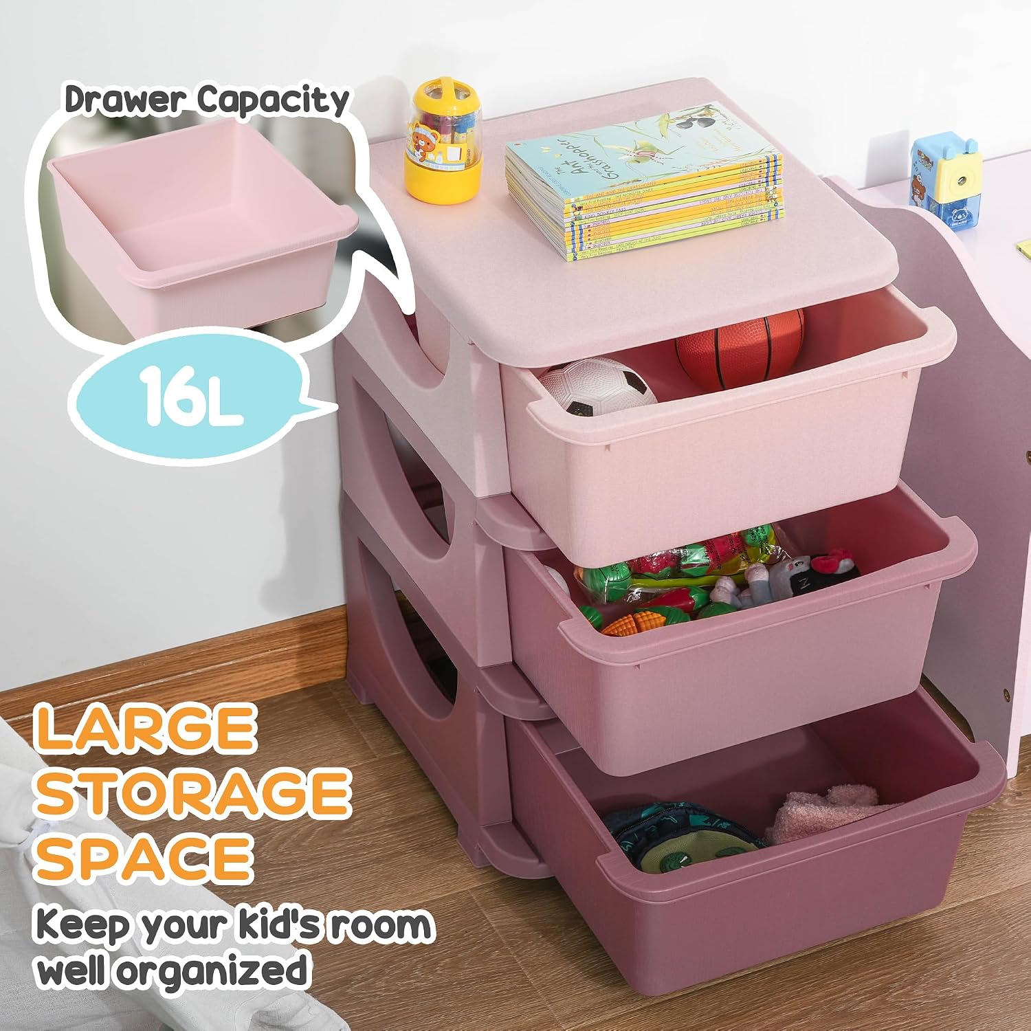 Detalle de Qaba 3-Drawer Kids Storage Organizer, 3-Tier Pink Toy Chest