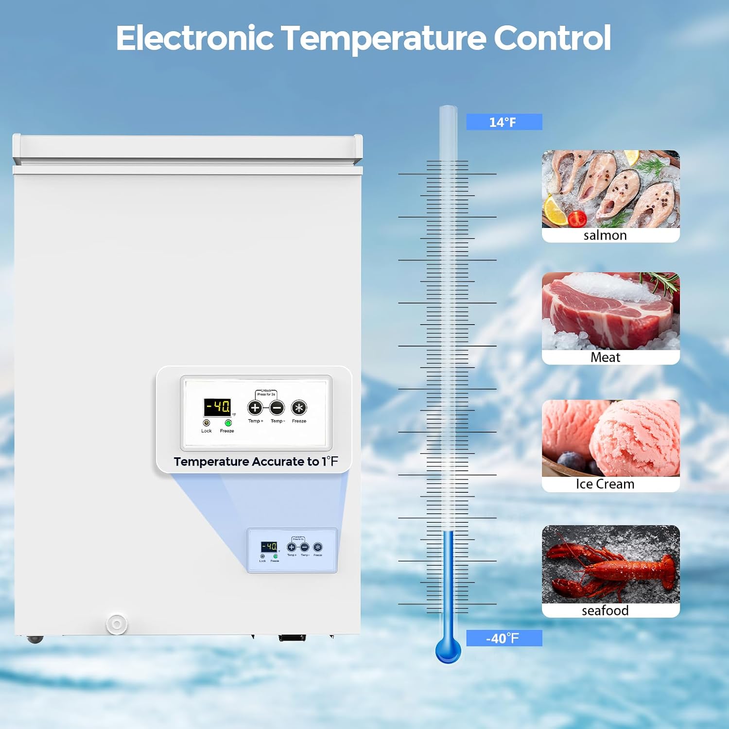 Detalle de COWSAR 58090RFR0-WHITE-EL Chest Freezer, 3.5 Cu. Ft., -40°F to 14°F, 2 Baskets