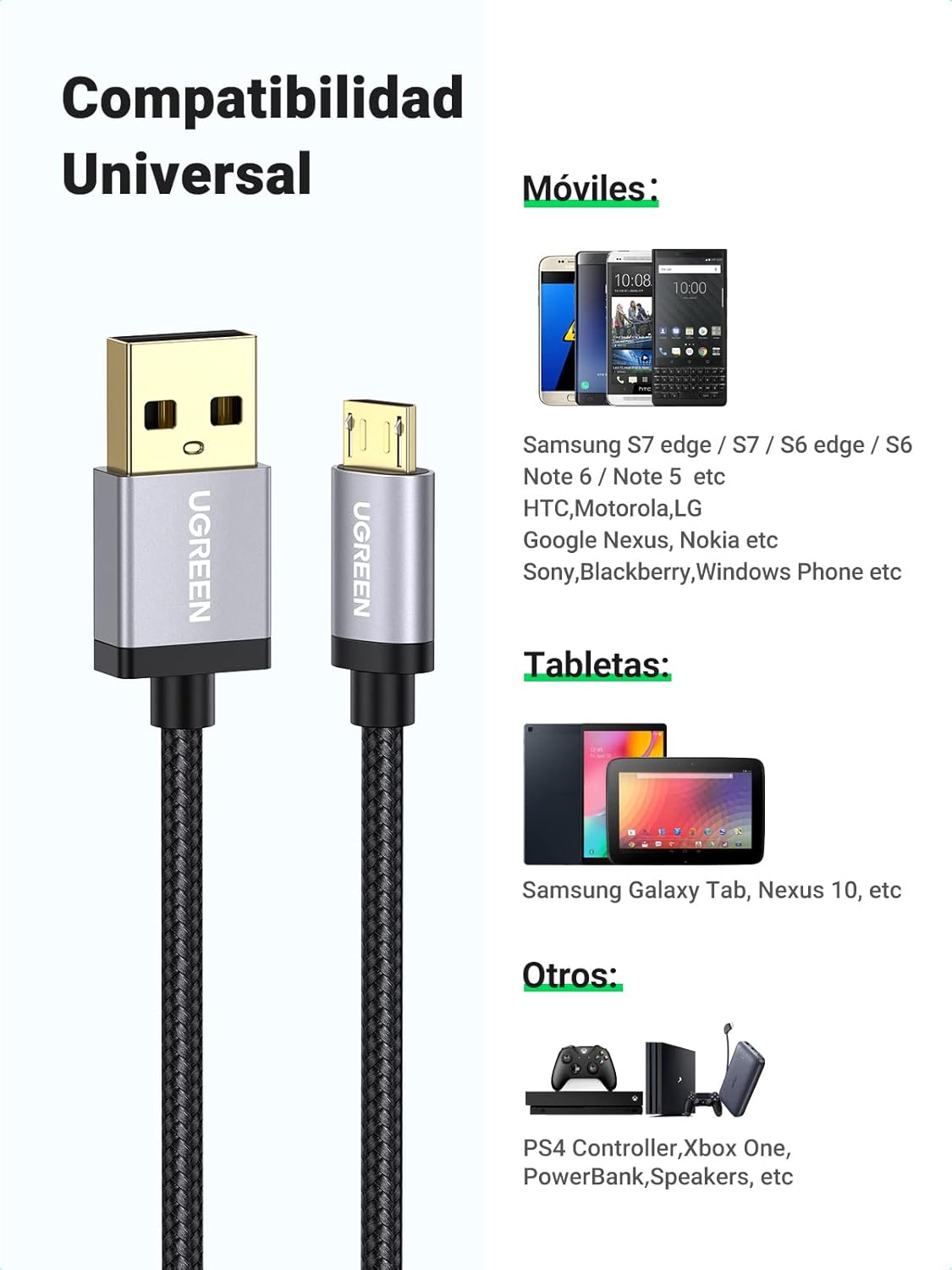Thumbnail 5 de UGREEN Cable Micro USB Rápido QC3.0, 1 Metro ⚡