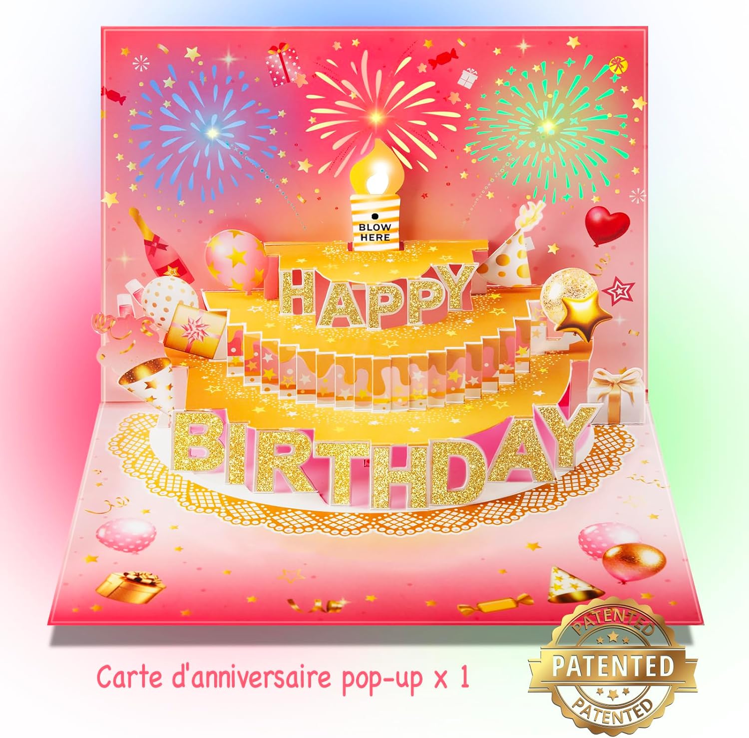 Thumbnail 3 de Carte d'anniversaire pop-up 3D avec lumières et son - bouquet lumineux 4-en-1 en rose et doré