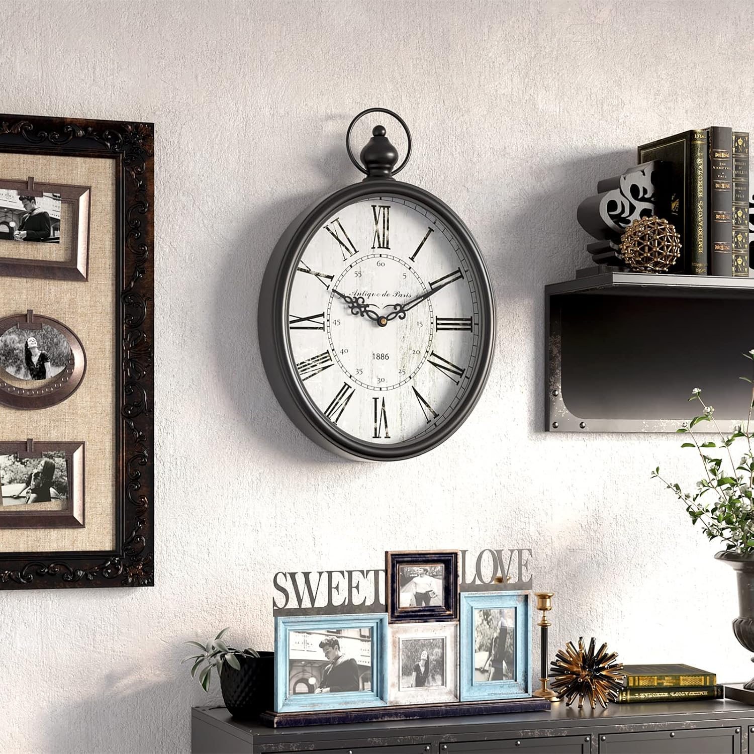 Thumbnail 6 de Menterry owalny zegar ścienny retro, cichy mechanizm, 39 × 27 cm