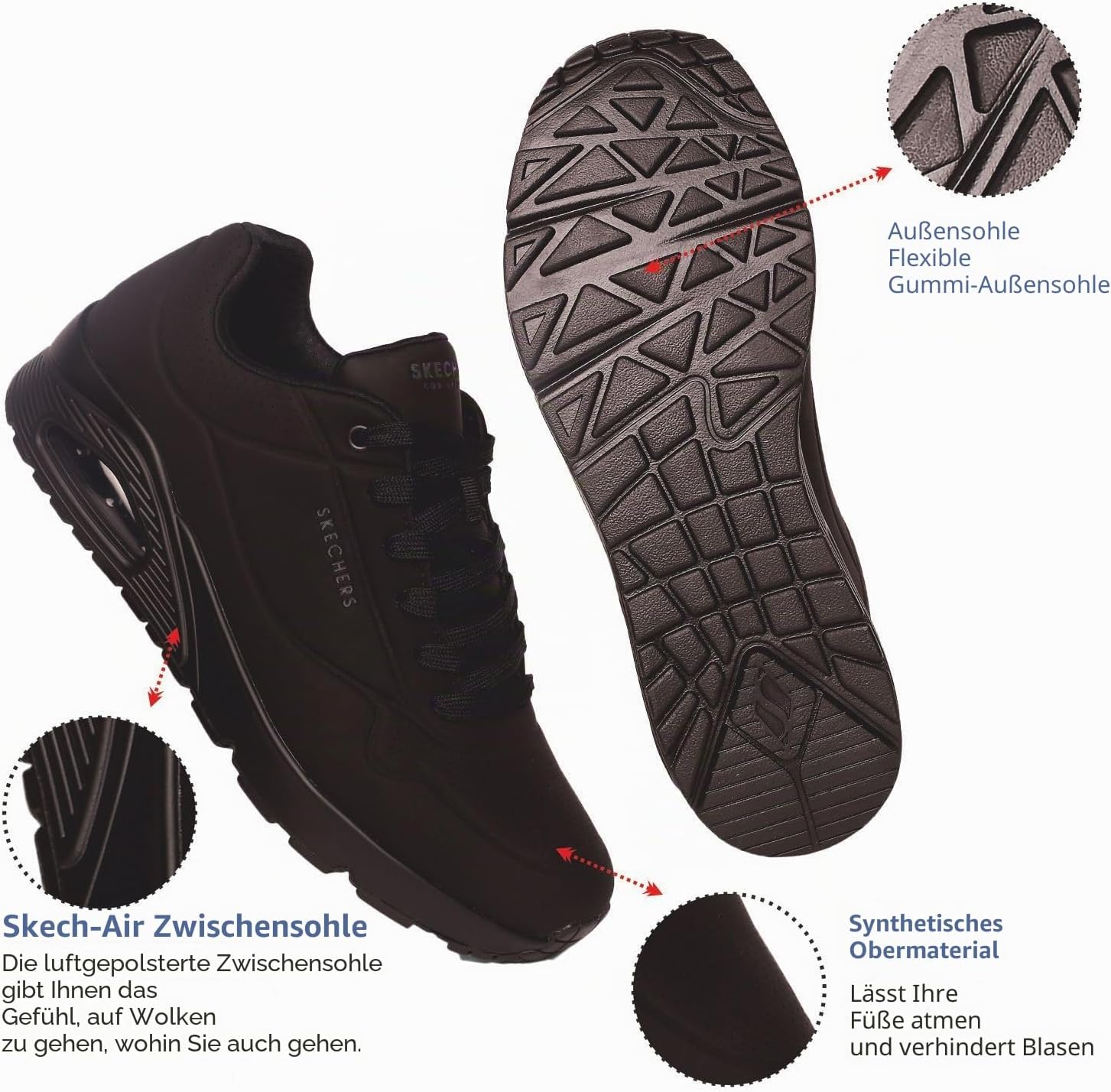Detalle de Skechers Herren Uno Stand On Air Turnschuhe – Schwarz Durabuck/Trim, Größe 43 EU