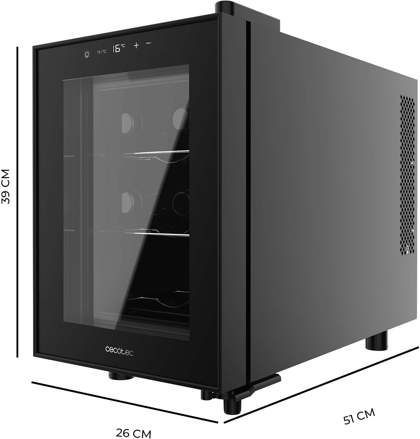 Detalle 2 de Cecotec Vinoteca 6 Botellas Bolero GrandSommelier 600 CoolCrystal E. Estantes Metálicos – Negro