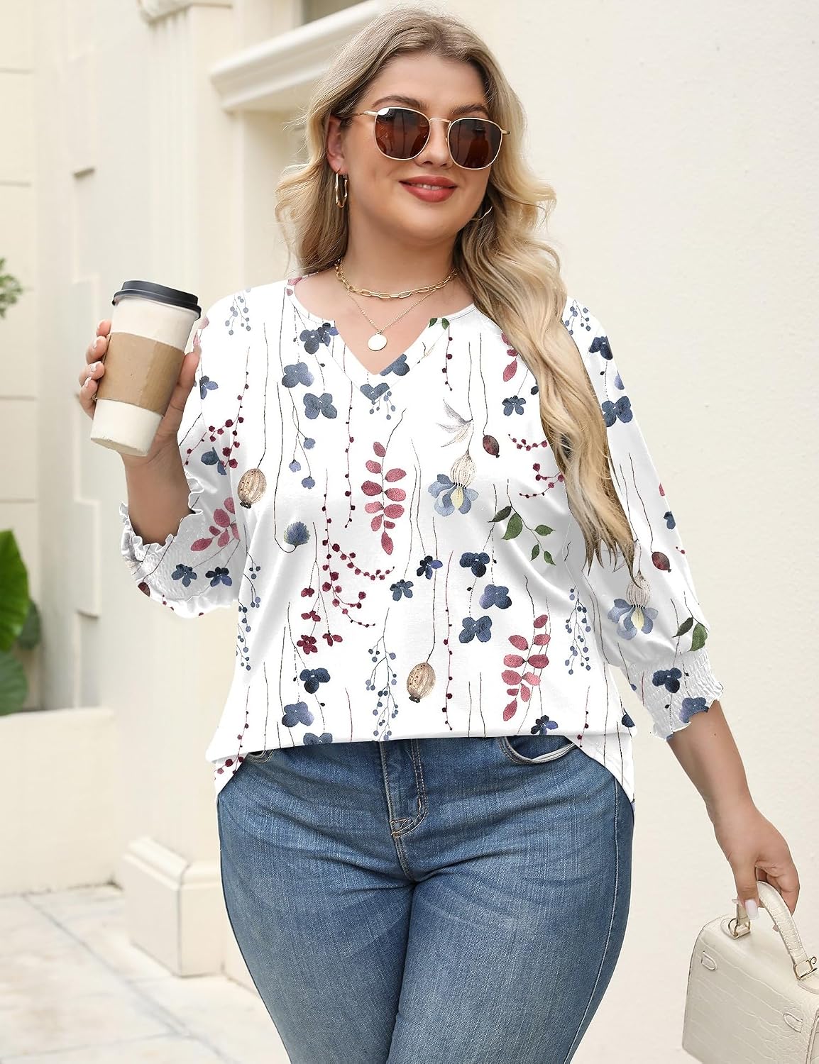 Thumbnail 2 de Rapbin Plus Size 3/4 Sleeve V-Neck Tunic Tops (1X–5X) with Smocked Sleeves