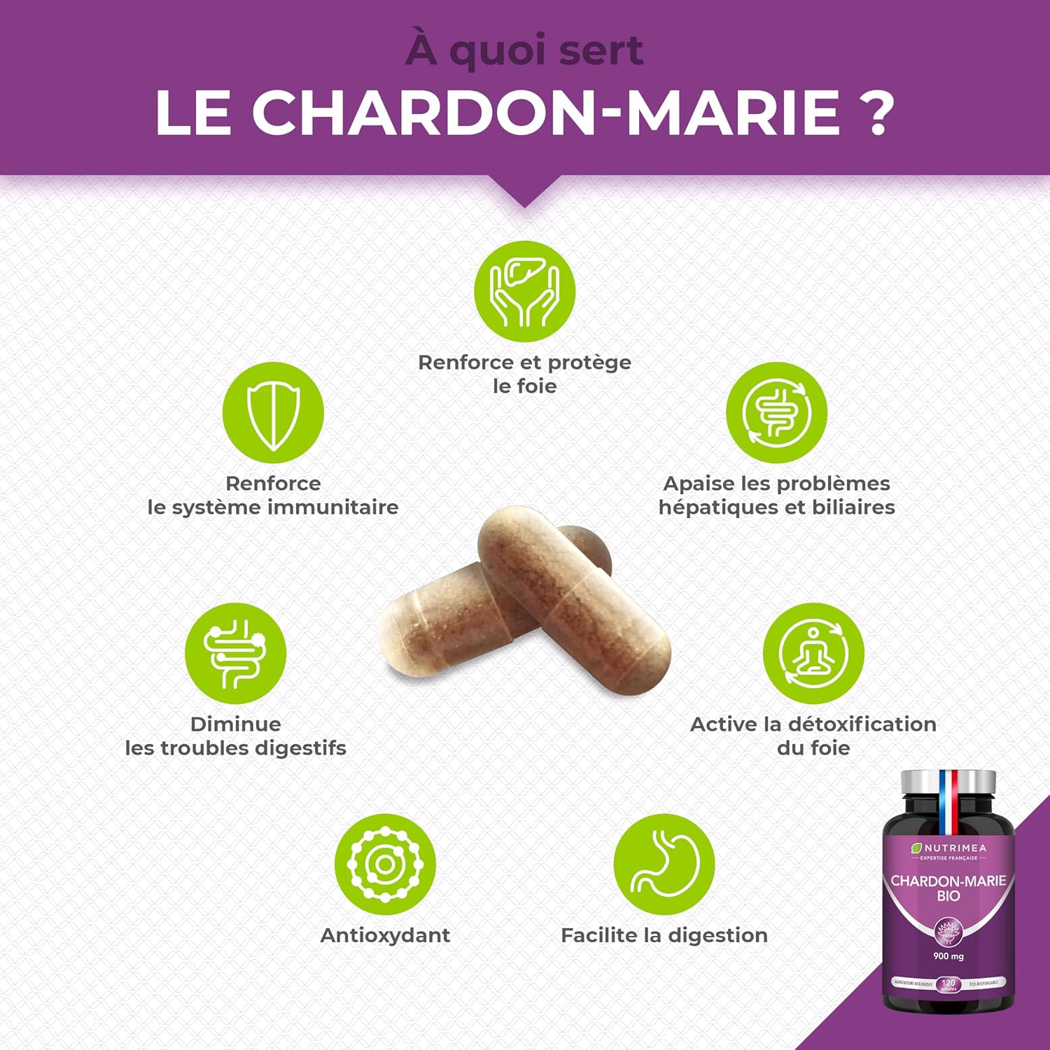 Detalle de Chardon Marie BIO Nutrimea – Charbon actif végétal 95% (120 gélules vegan) pour confort digestif