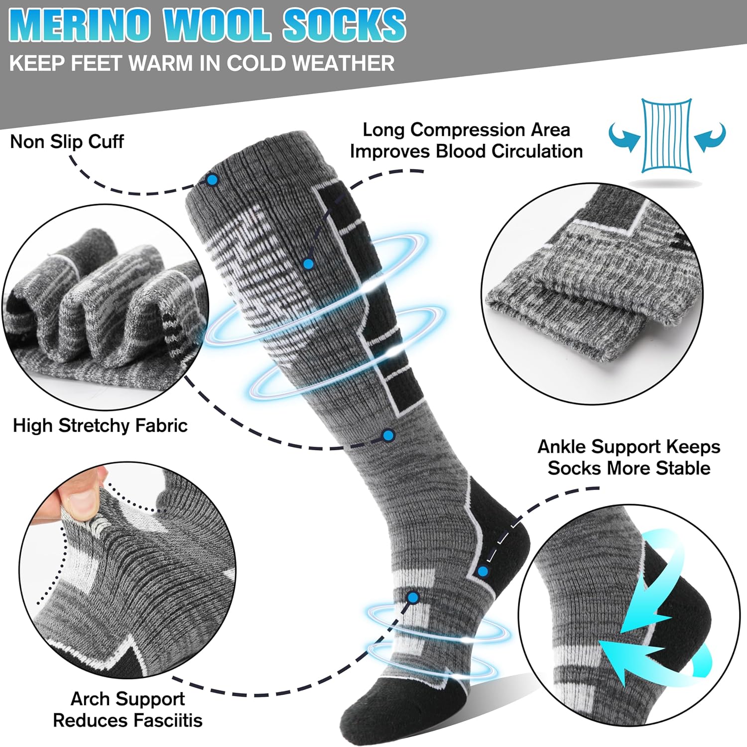 Detalle de Anlisim 3 Pairs Merino Wool Ski Socks, Knee-High with Cushioning and Arch Support