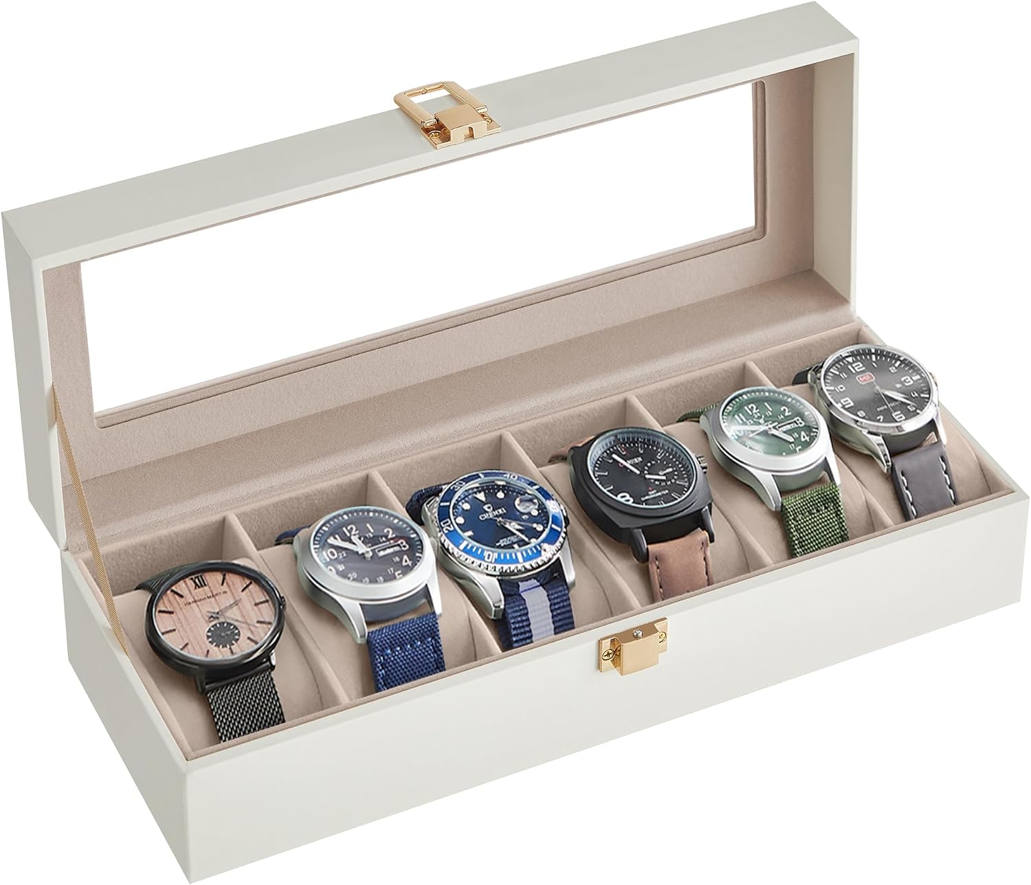 Detalle de SONGMICS Watch Box with 6 Slots (Glass Lid) JWB006W01 in Cloud White PU