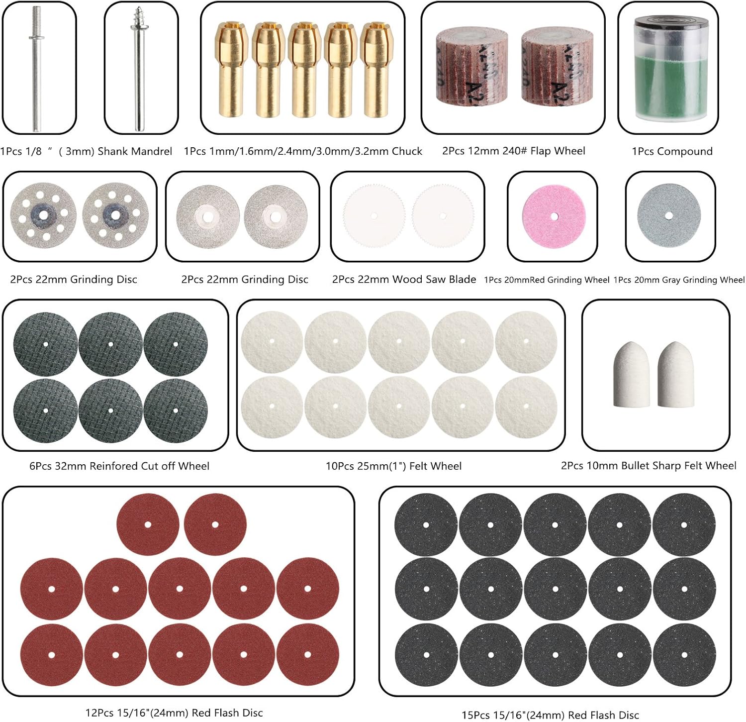 Detalle de Kit d’accessoires pour outil rotatif ZFE A0617 (217 pièces, 1/8" / 3,2 mm) avec 2 mandrins universels