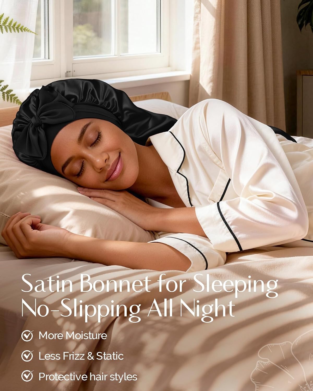 Detalle de YANIBEST Double Layer Extra Long Satin Sleep Bonnet with Adjustable Tie Band