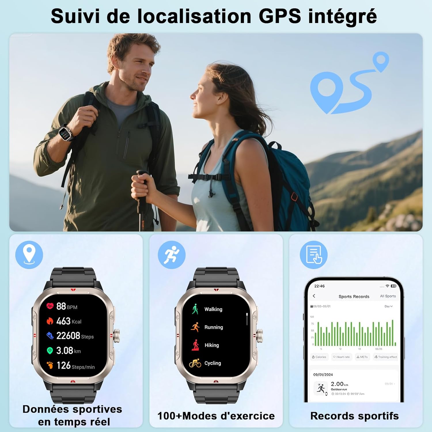 Thumbnail 1 de Jugeman montre connectée avec GPS intégré et appels Bluetooth (GPS, podomètre, suivi sommeil/activité) étanche IP68