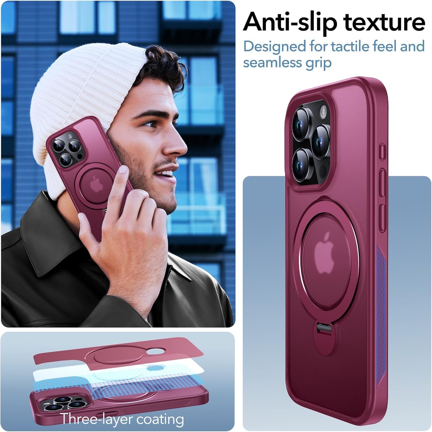 Detalle de Anqrp 360° All-in-One-Ständerhülle für iPhone 15 Pro – MagSafe kompatibel, matt, Stoßfest und langlebig