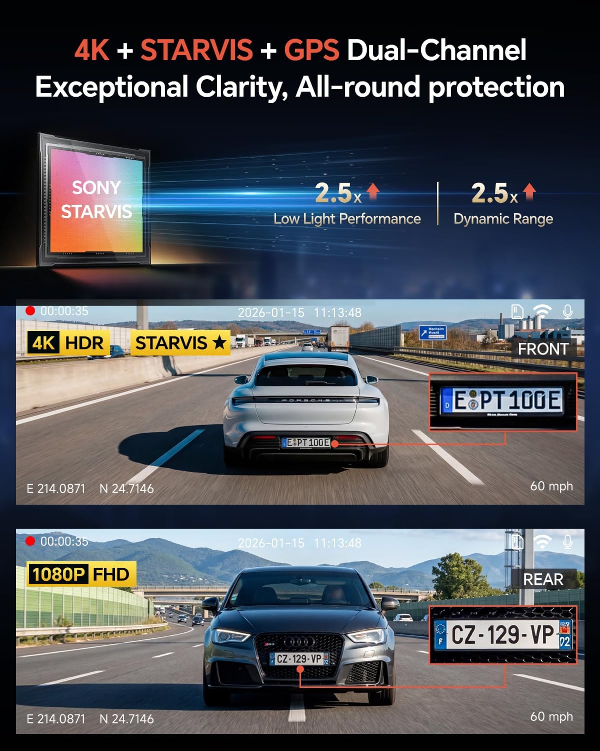 Thumbnail 2 de Coolcrazy 4K Dual Dash Cam (Front and Rear) with STARVIS Sensor, Built-in GPS, 24H Parking Mode
