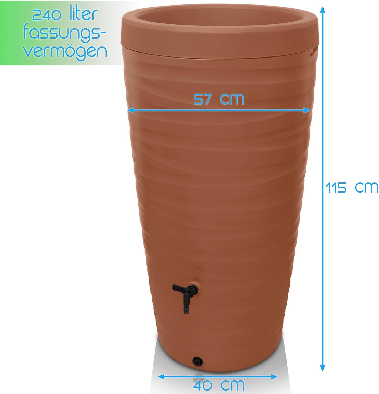 Detalle de YourCasa Regentonne 240 Liter im Wave Design – frostfeste Regenwassertonne mit Wasserhahn und 3/4“-Anschluss