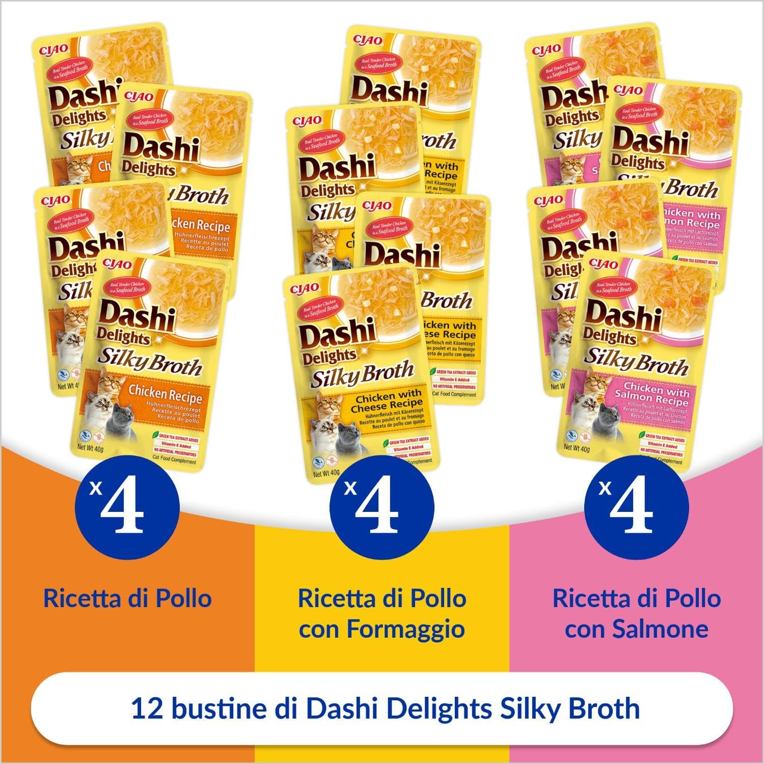Detalle de INABA Dashi Delights Silky Broth: Fiocchi in Brodo per Gatti, 12 Buste x 40 g (3 ricette di pollo)