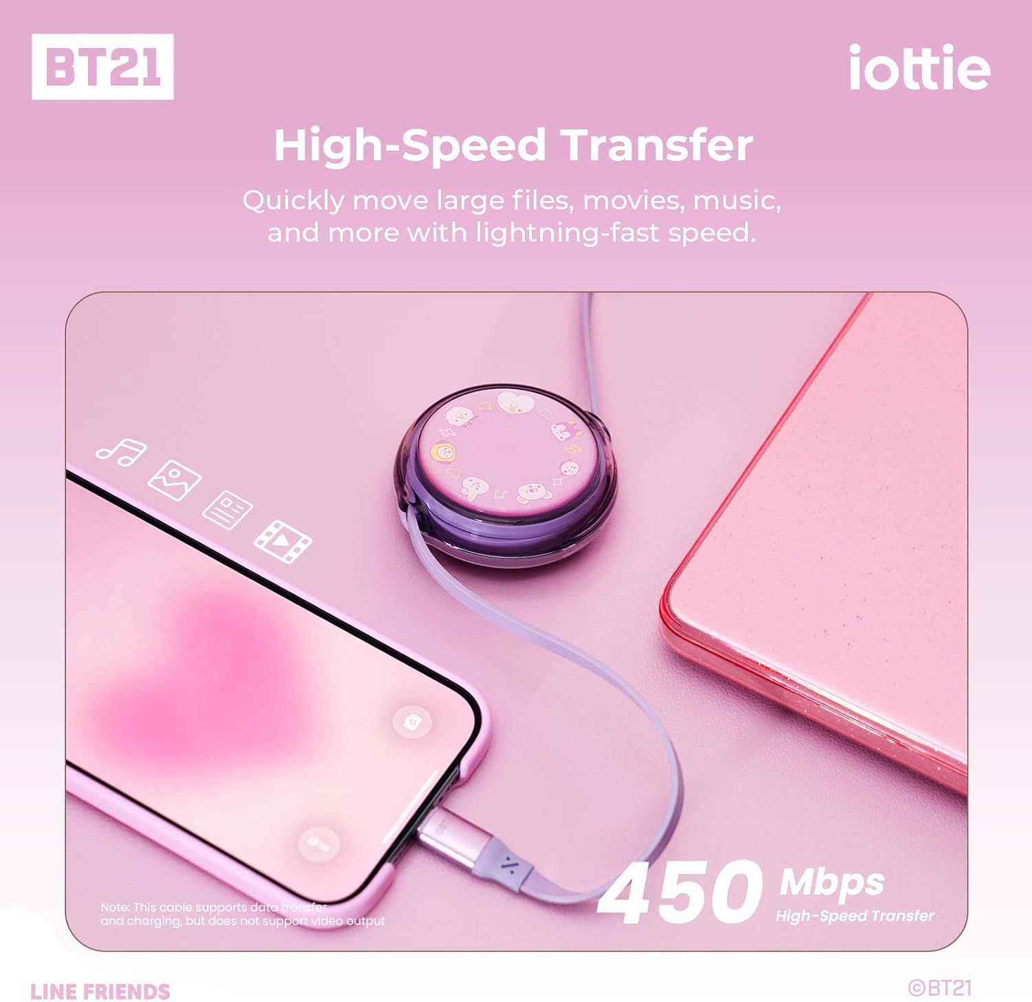 Detalle de iOttie BT21 Retractable 100W USB-C Cable – 3-Length, Transparent Purple