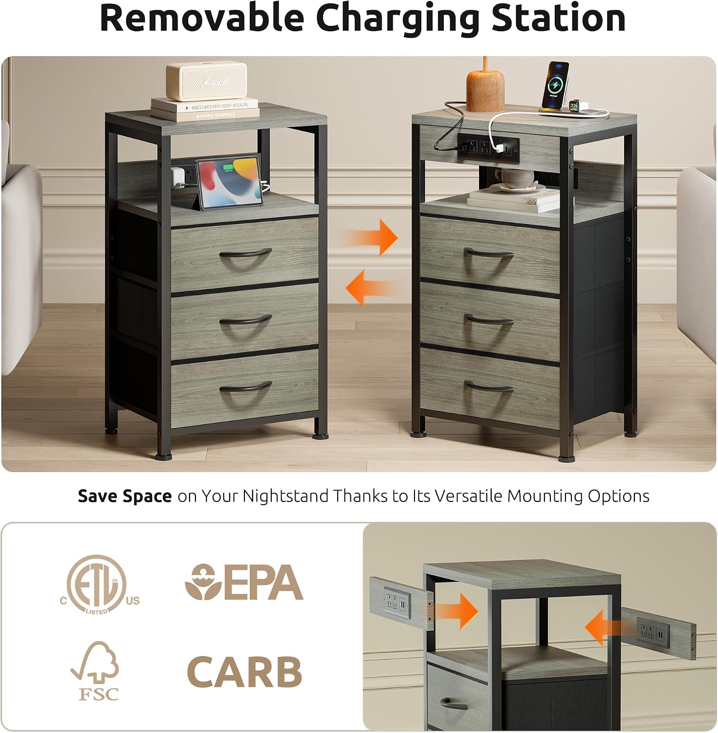 Thumbnail 4 de Lazzanto NightStand Bedside Charging Table with USB-C, USB Ports, and 2 Outlets