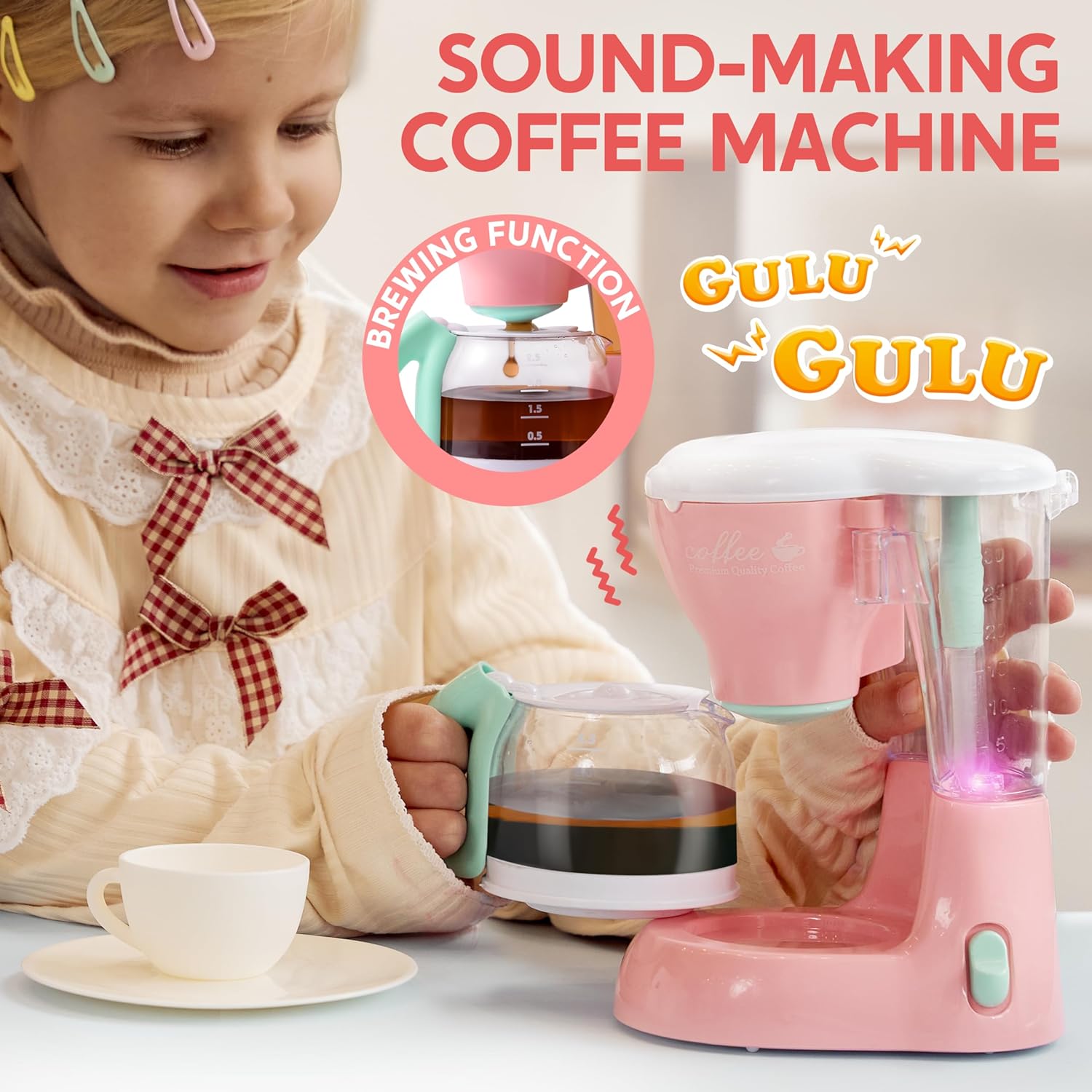 Detalle de JOYIN Educational Kitchen Toy Set for Kids – Pink Role Play Appliances with Coffee Maker, Toaster & Blender