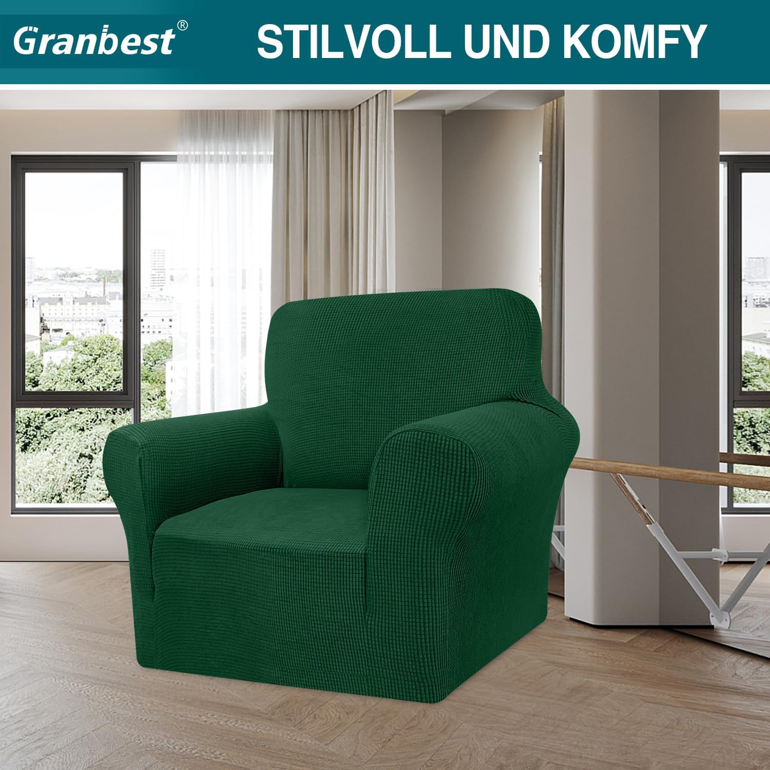Detalle 2 de Granbest copridivano altamente elasticizzato jacquard 1 posto verde scuro per soggiorno