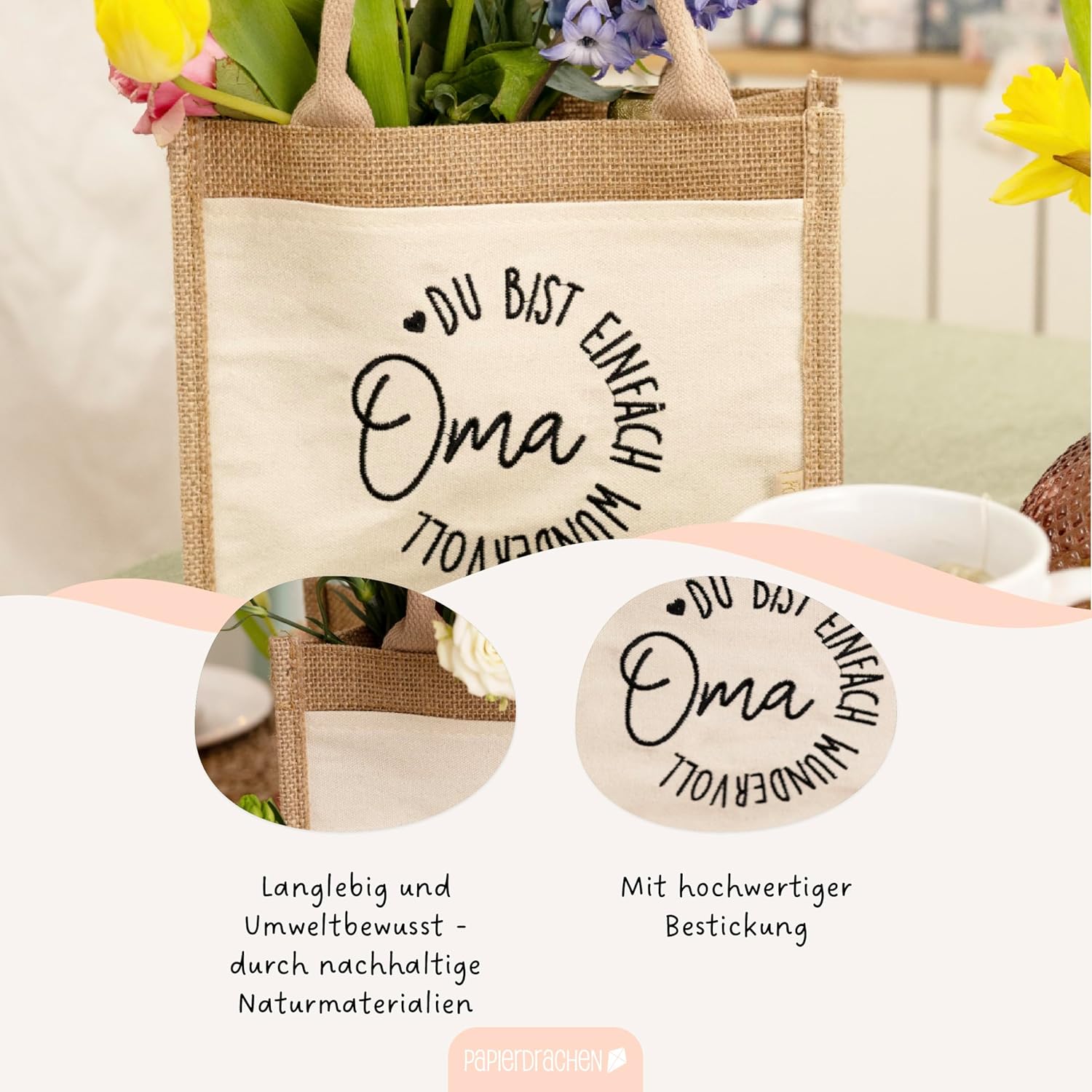 Detalle de Papierdrachen Wundervolles Geschenk für die Oma – Praktische Jutetasche mit Schriftzug